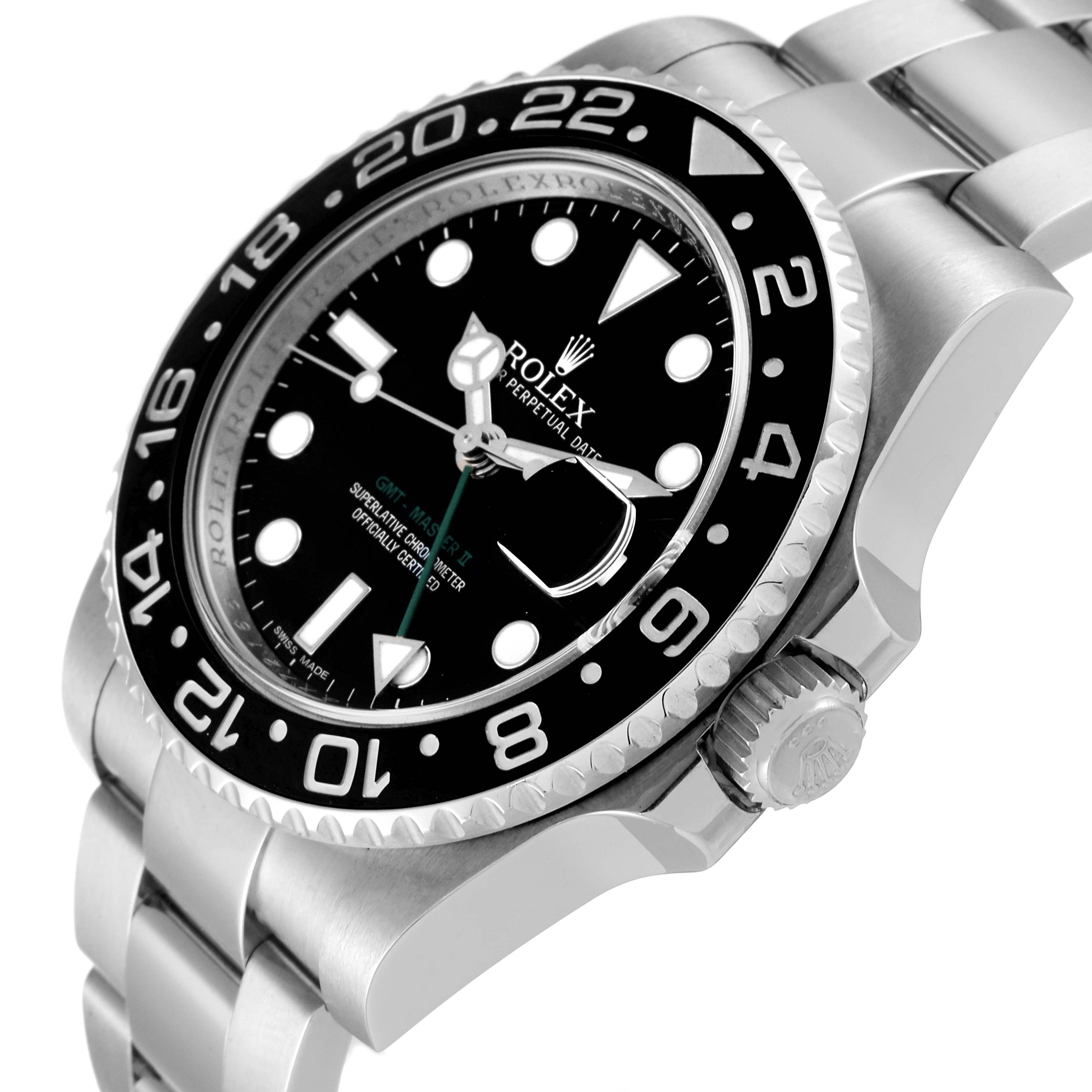 This image shows a Rolex GMT-Master 116710 Men
s Stainless Steel Black Dial 116710 Men
s Stainless Steel Black Dial watch, highlighting the dial, bezel, and part of the bracelet from an angled side view.