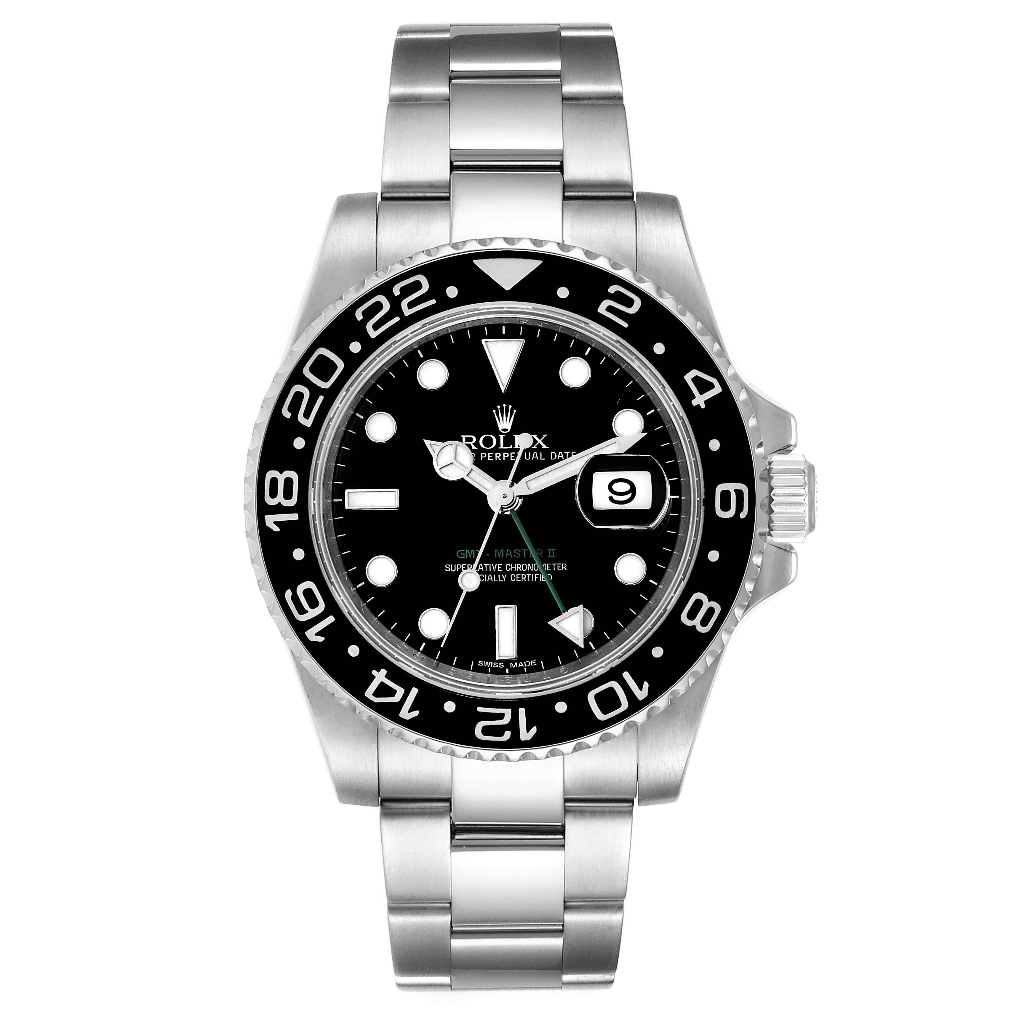The image shows a frontal view of the Rolex GMT-Master 116710 Men
s Stainless Steel Black Dial 116710 Men
s Stainless Steel Black Dial II watch, displaying the dial, bezel, bracelet, and crown.