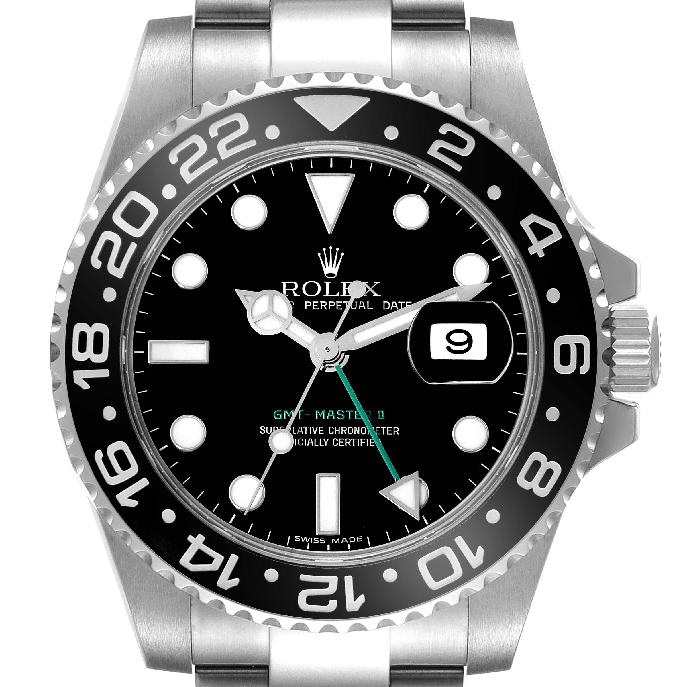 This image shows a front view of the Rolex GMT-Master 116710 Men
s Stainless Steel Black Dial 116710 Men
s Stainless Steel Black Dial II watch, featuring its bezel, dial, and crown.