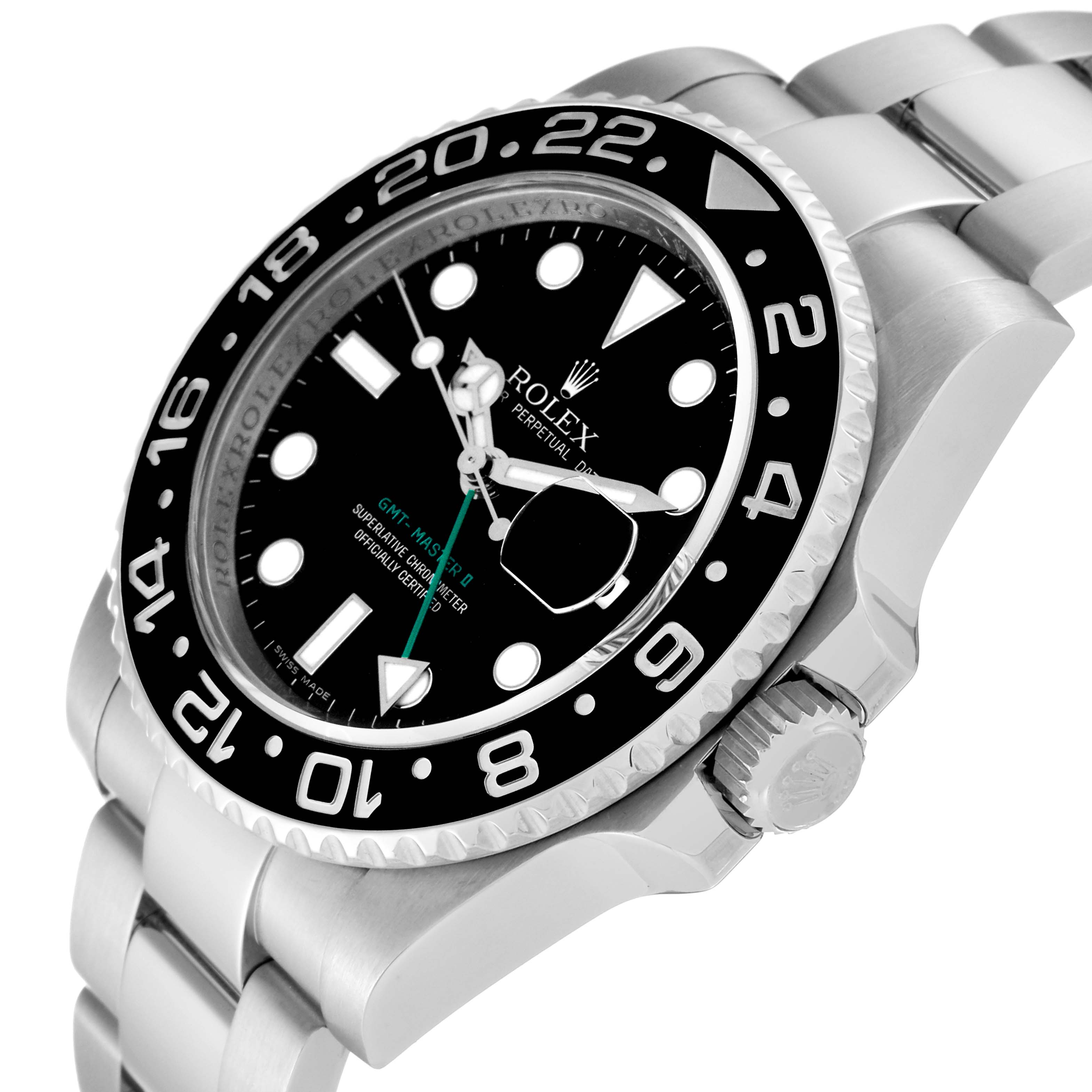 The image shows a side view of the Rolex GMT-Master 116710 Men
s Stainless Steel Black Dial 116710 Men
s Stainless Steel Black Dial model
s case, bezel, dial, and part of the bracelet.