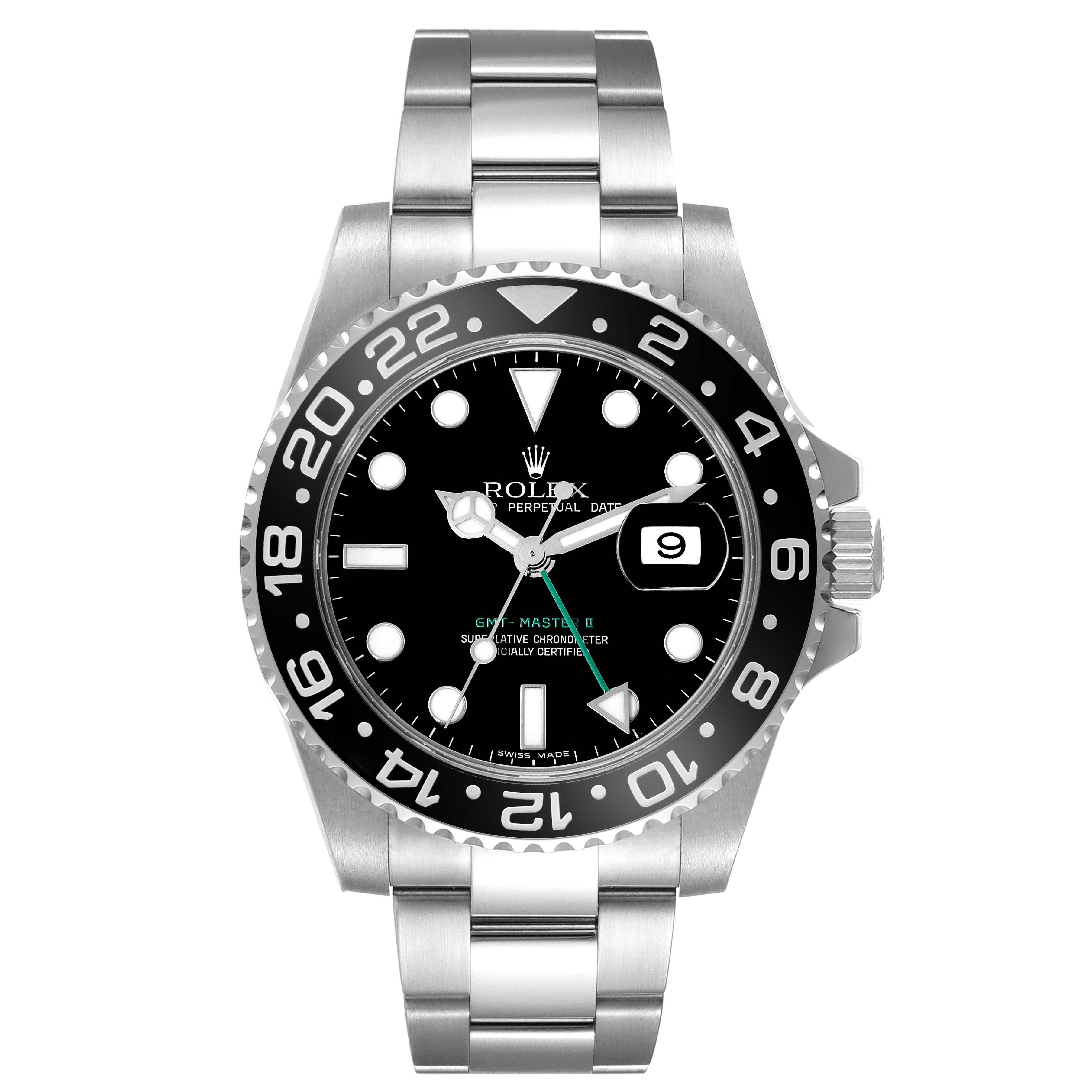 This image shows a frontal view of a Rolex GMT-Master 116710 Men
s Stainless Steel Black Dial 116710 Men
s Stainless Steel Black Dial II watch, displaying the dial, bezel, and bracelet.