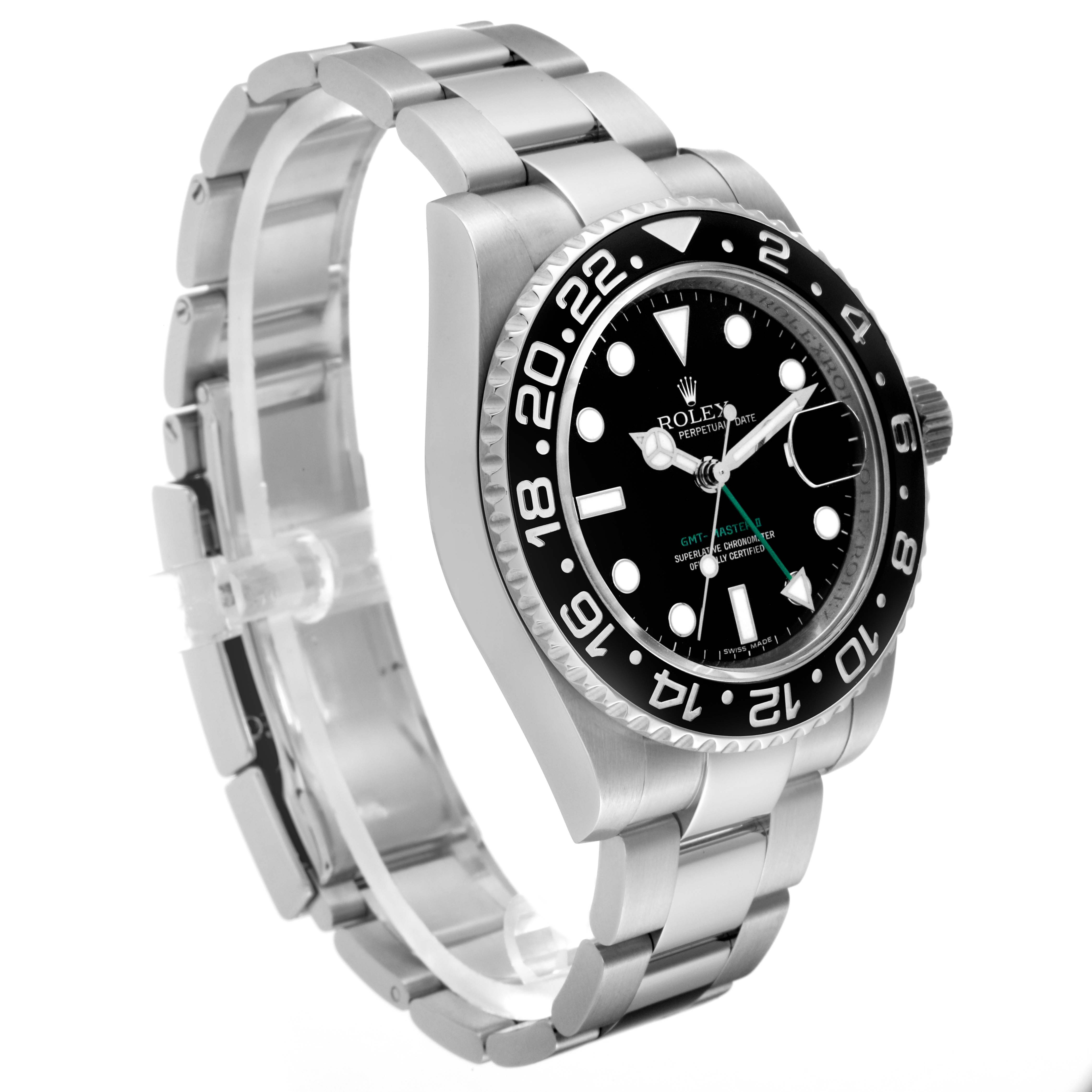 The image shows a Rolex GMT-Master 116710 Men
s Stainless Steel Black Dial 116710 Men
s Stainless Steel Black Dial watch from an angled side view, highlighting the dial, bezel, and bracelet.