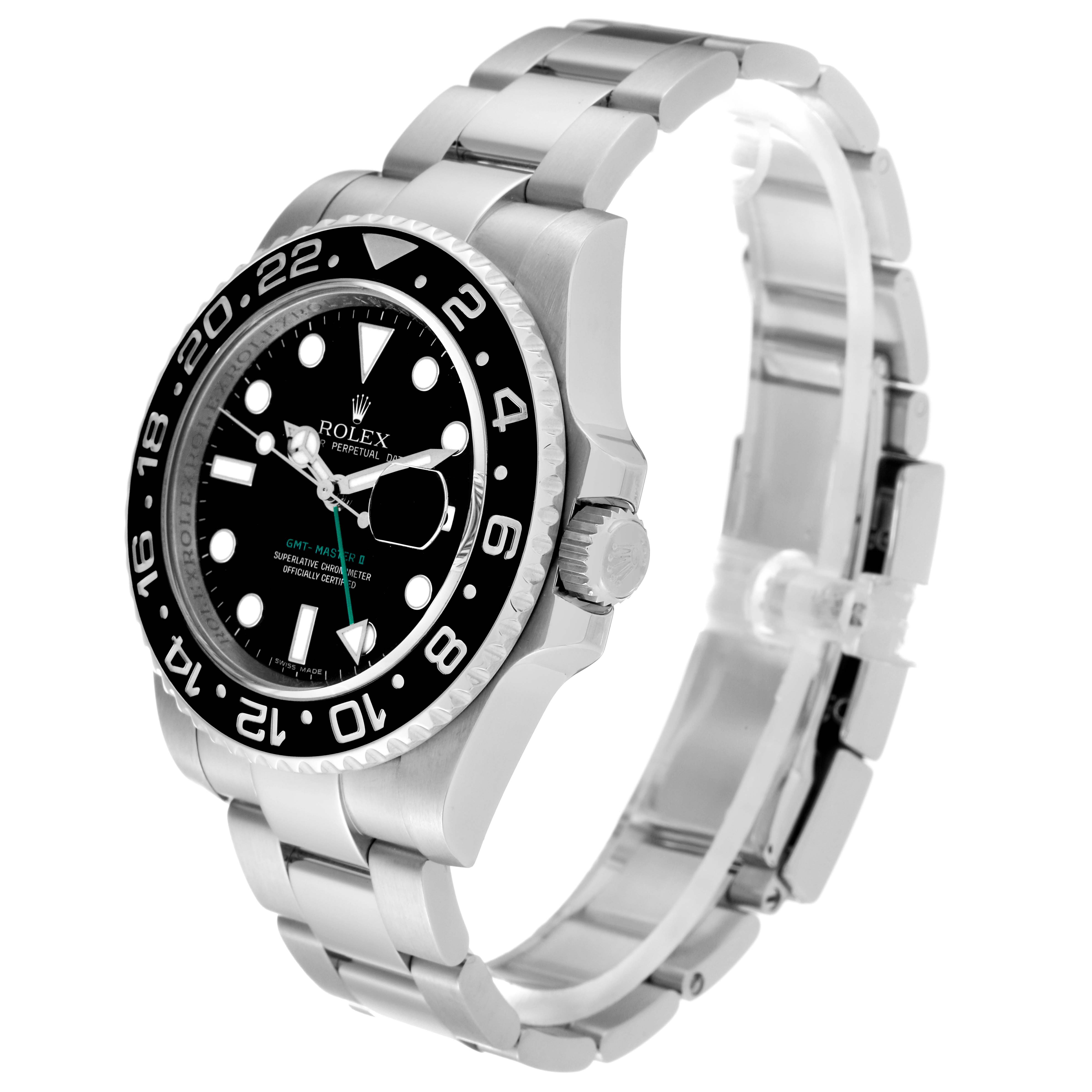 The Rolex GMT-Master 116710 Men
s Stainless Steel Black Dial 116710 Men
s Stainless Steel Black Dial watch is shown at an angle highlighting the bezel, dial, crown, and stainless steel bracelet.