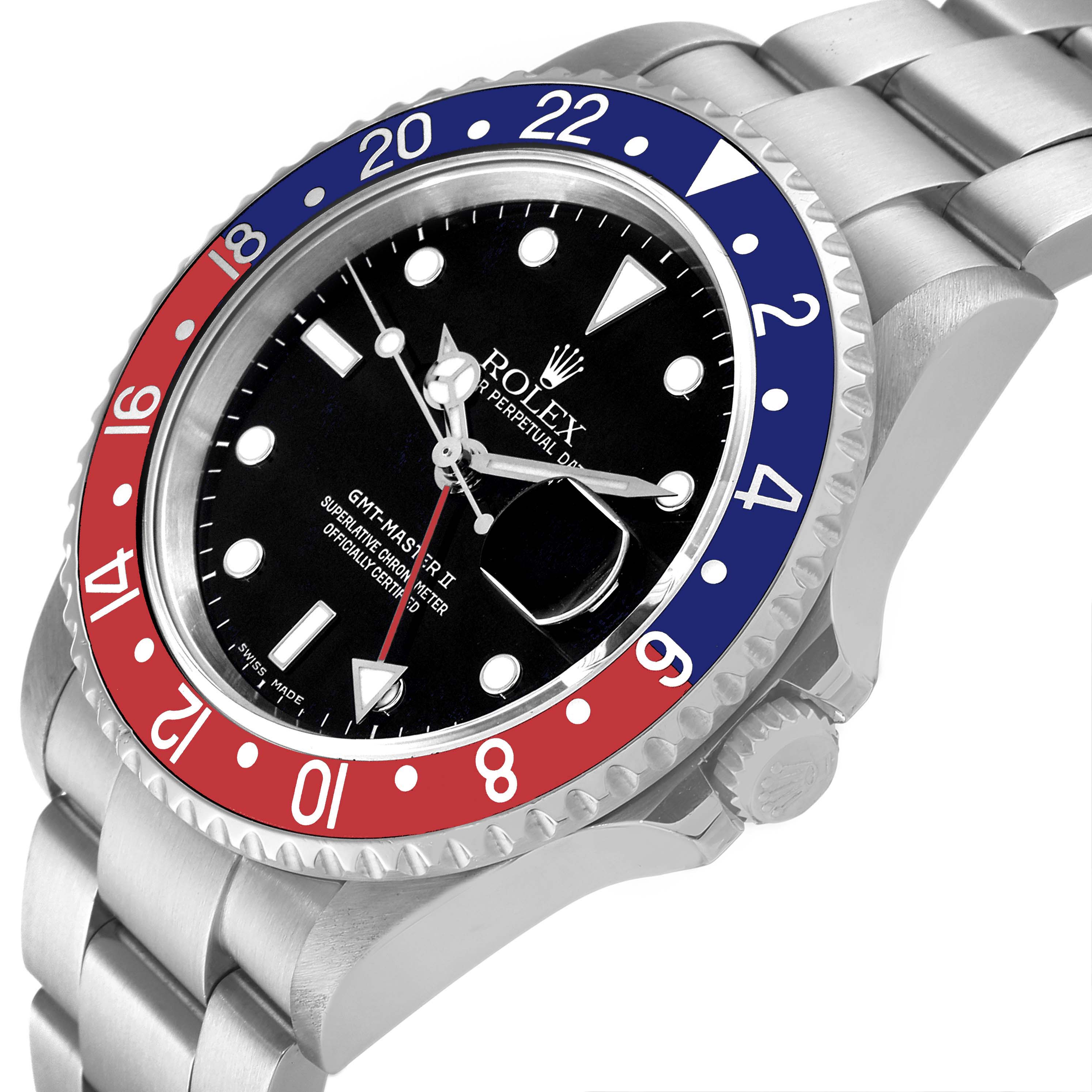 This image shows a close-up angle of the Rolex GMT-Master 16710 Men
s Stainless Steel Black Dial 16710 Men
s Stainless Steel Black Dial II watch, displaying its bezel and part of the stainless steel bracelet.