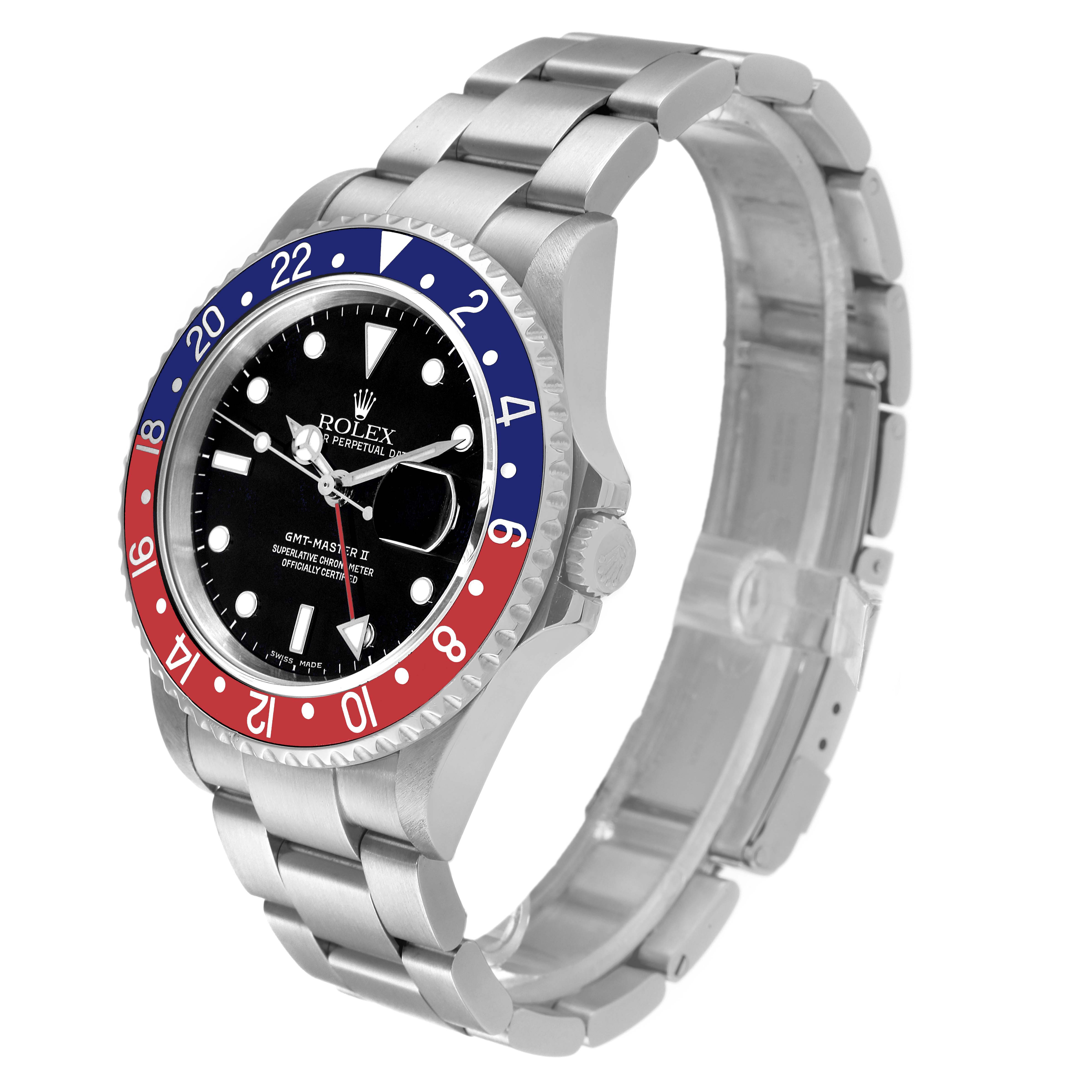 The image shows a side and angled view of the Rolex GMT-Master 16710 Men
s Stainless Steel Black Dial 16710 Men
s Stainless Steel Black Dial watch, highlighting the bezel, face, and bracelet.