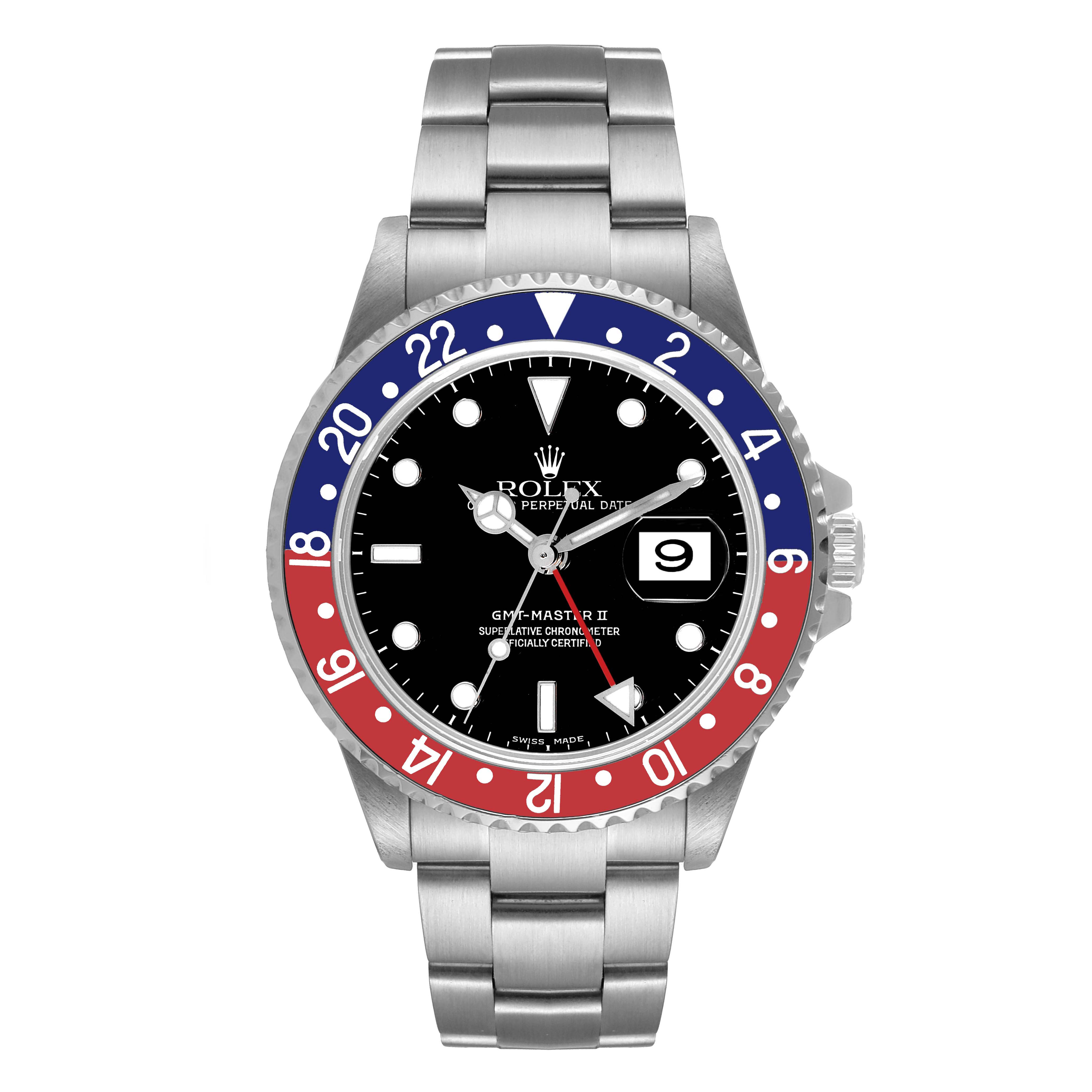 The image shows a front view of a Rolex GMT-Master 16710 Men
s Stainless Steel Black Dial 16710 Men
s Stainless Steel Black Dial II watch with a red and blue bezel and a stainless steel bracelet.