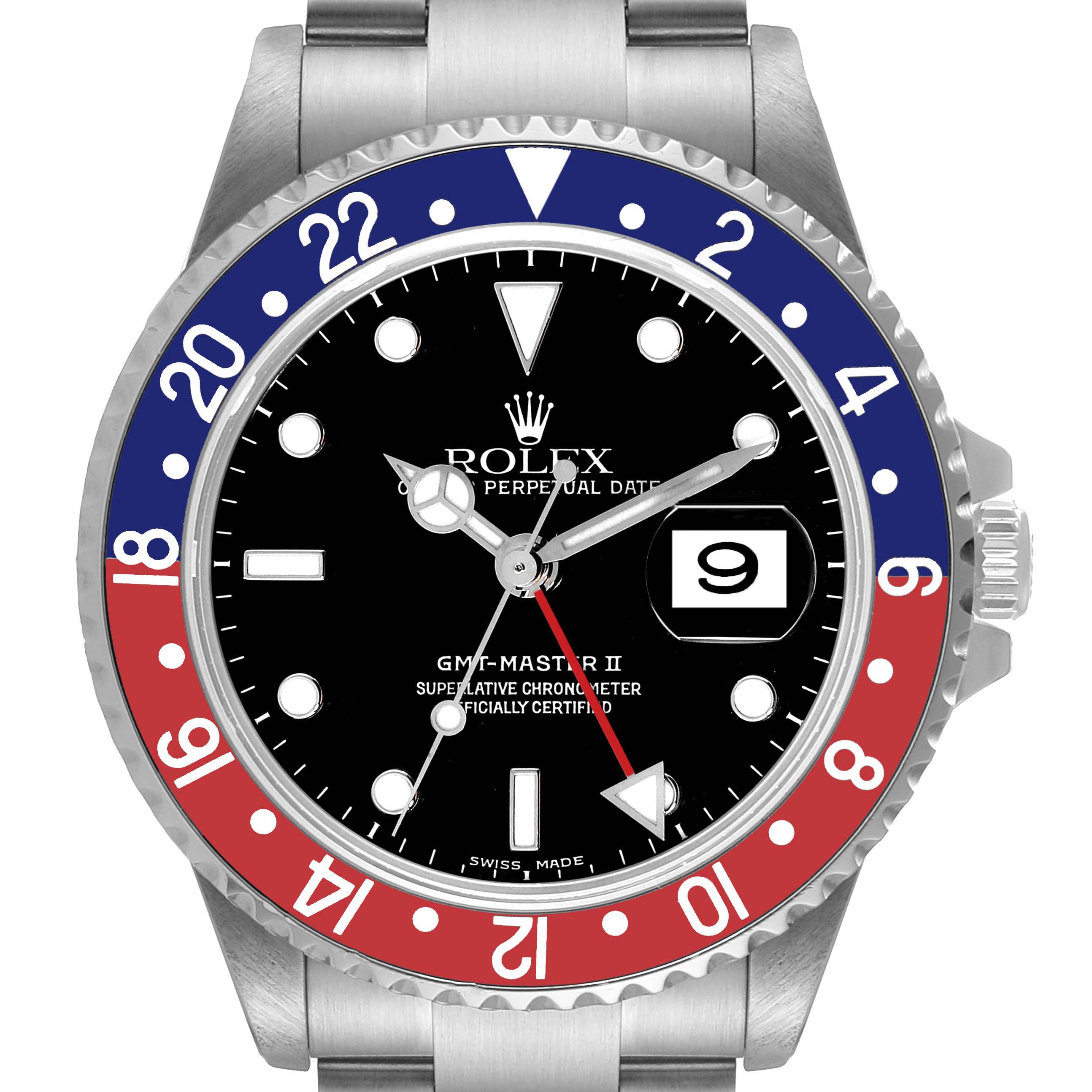 The Rolex GMT-Master 16710 Men
s Stainless Steel Black Dial 16710 Men
s Stainless Steel Black Dial watch is shown from a front angle, displaying the bezel, dial, hands, and date window.