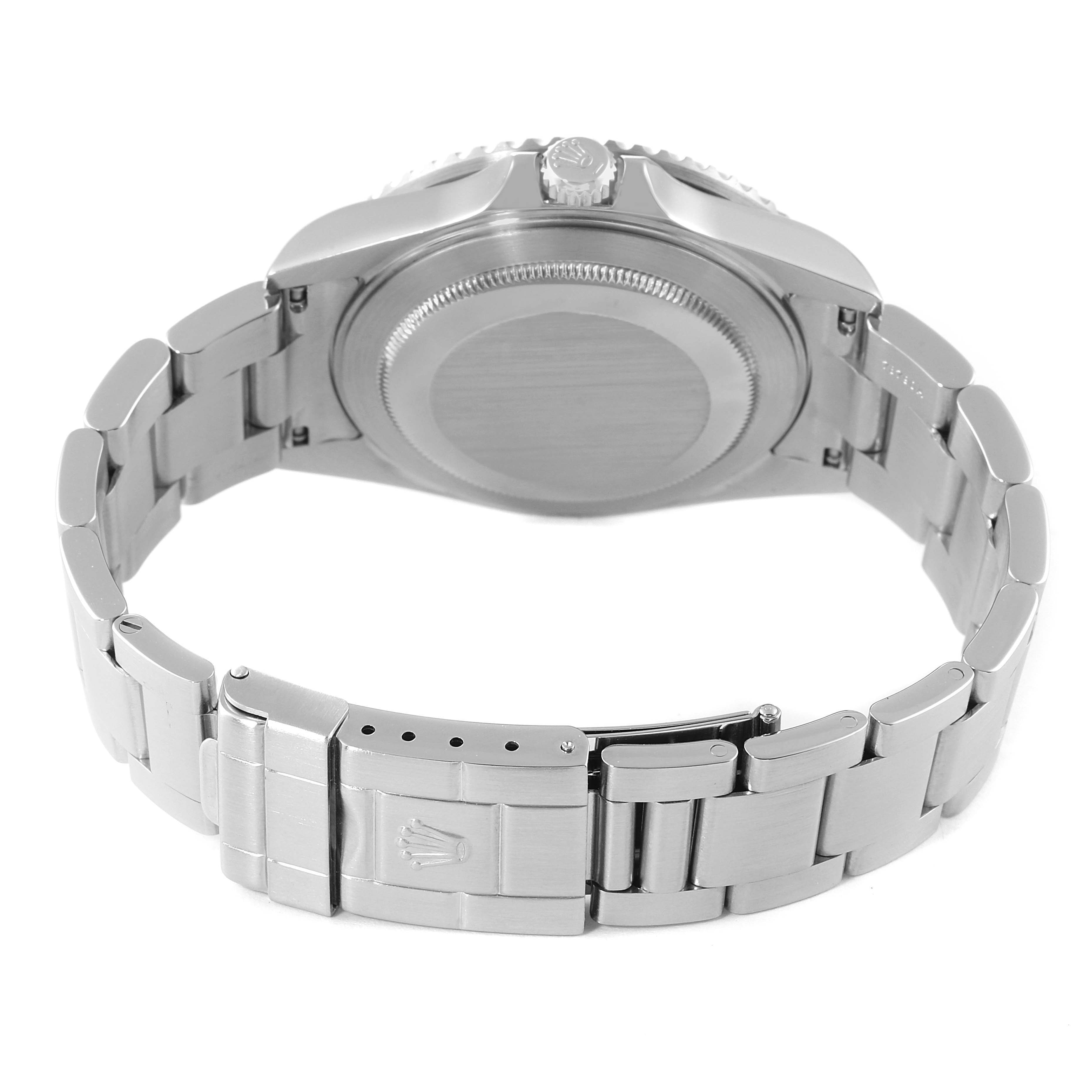 This image shows the back view of a Rolex GMT-Master 16710 Men
s Stainless Steel Black Dial 16710 Men
s Stainless Steel Black Dial watch, focusing on the bracelet, case back, and clasp.