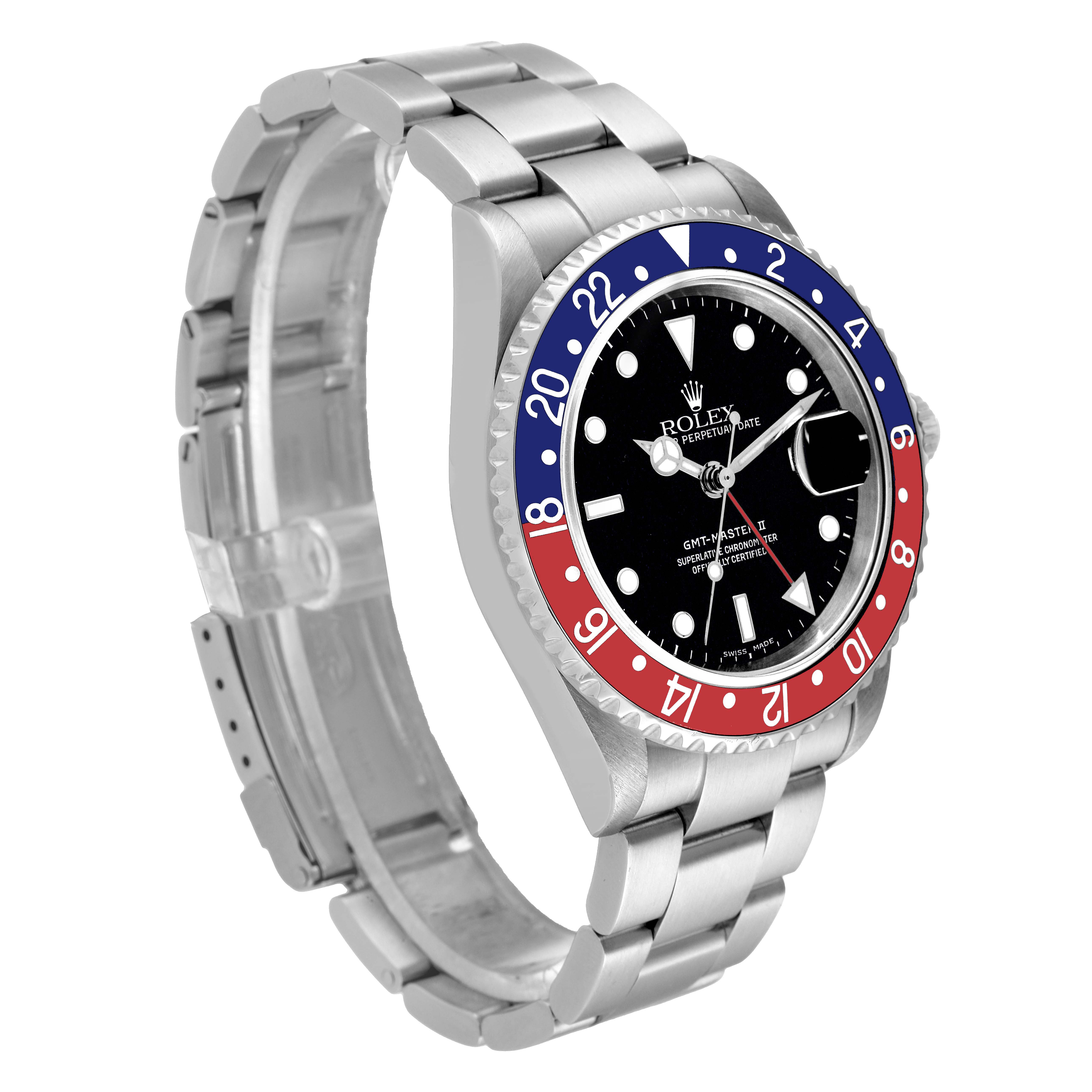 This image shows a Rolex GMT-Master 16710 Men
s Stainless Steel Black Dial 16710 Men
s Stainless Steel Black Dial watch at a three-quarter side angle, showcasing the face, bezel, and bracelet.