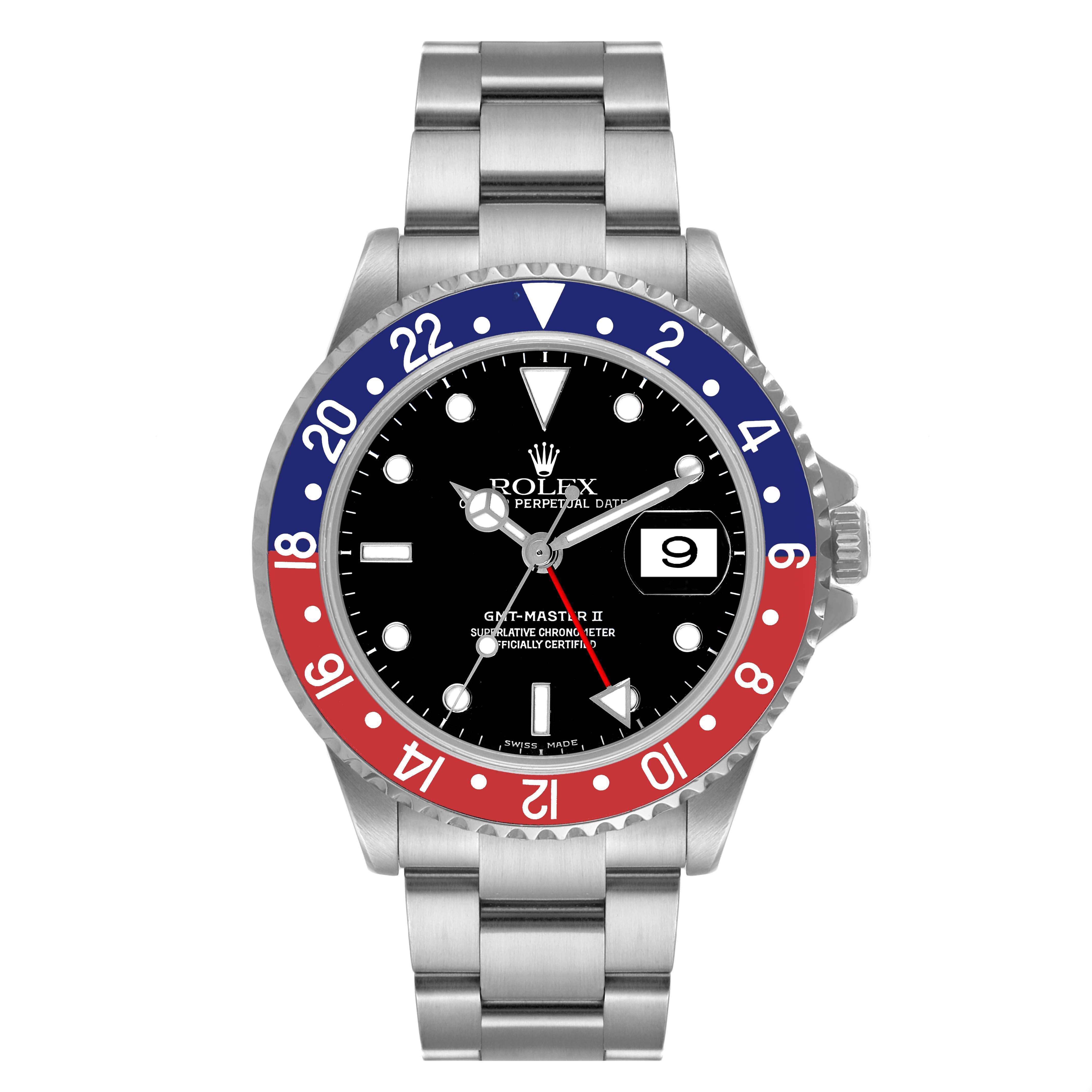 This image shows a front view of the Rolex GMT-Master 16710 Men
s Stainless Steel Black Dial 16710 Men
s Stainless Steel Black Dial watch, detailing its bezel, dial, and bracelet.