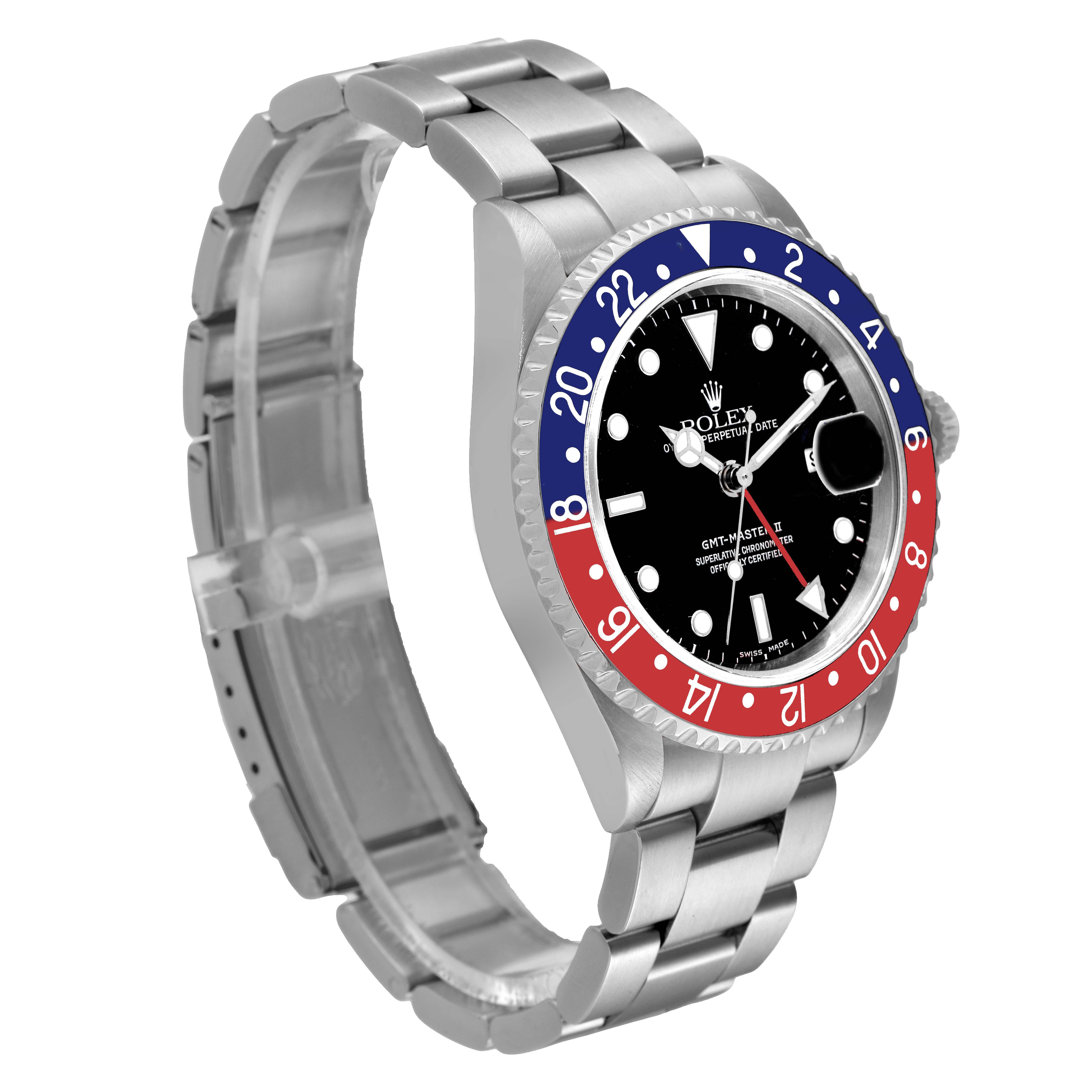 The Rolex GMT-Master 16710 Men
s Stainless Steel Black Dial 16710 Men
s Stainless Steel Black Dial watch is shown at a three-quarter angle, highlighting the bezel, dial, and bracelet.