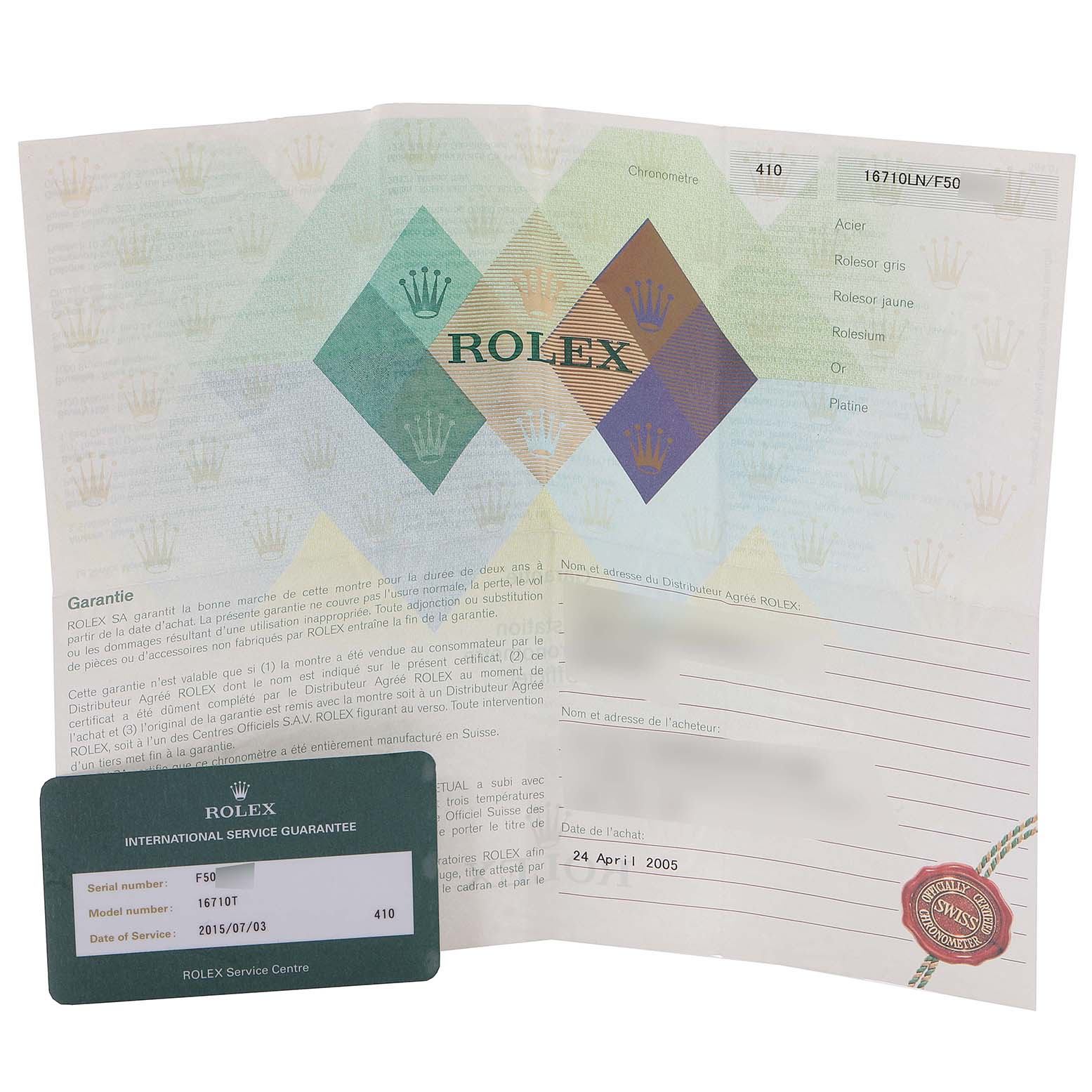 The image shows the warranty card and international service guarantee for a Rolex GMT-Master 16710 Men
s Stainless Steel Black Dial 16710 Men
s Stainless Steel Black Dial model watch, including the purchase date.