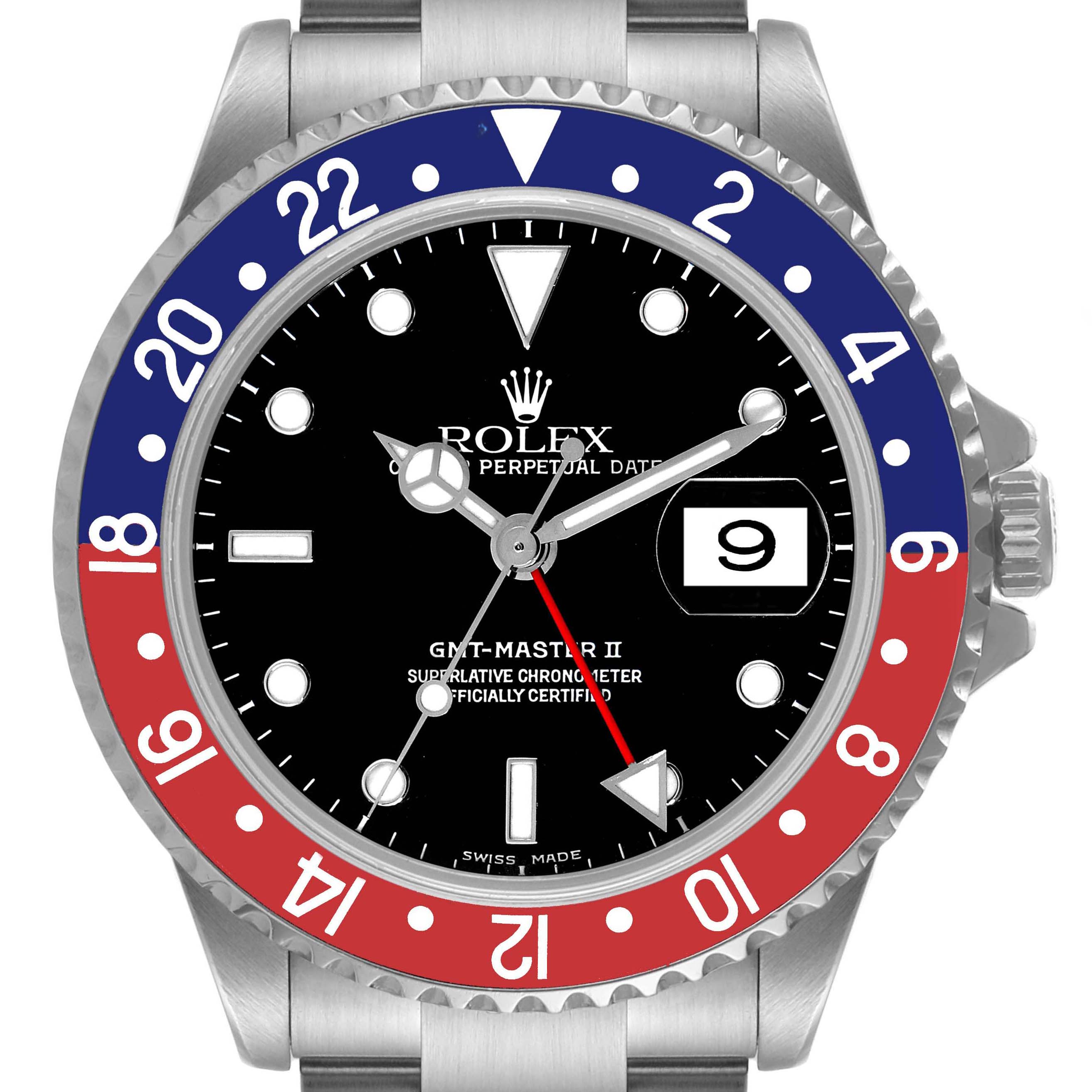 The image shows a frontal view of the Rolex GMT-Master 16710 Men
s Stainless Steel Black Dial 16710 Men
s Stainless Steel Black Dial with a "Pepsi" bezel, black dial, and date display at 3 o
clock.