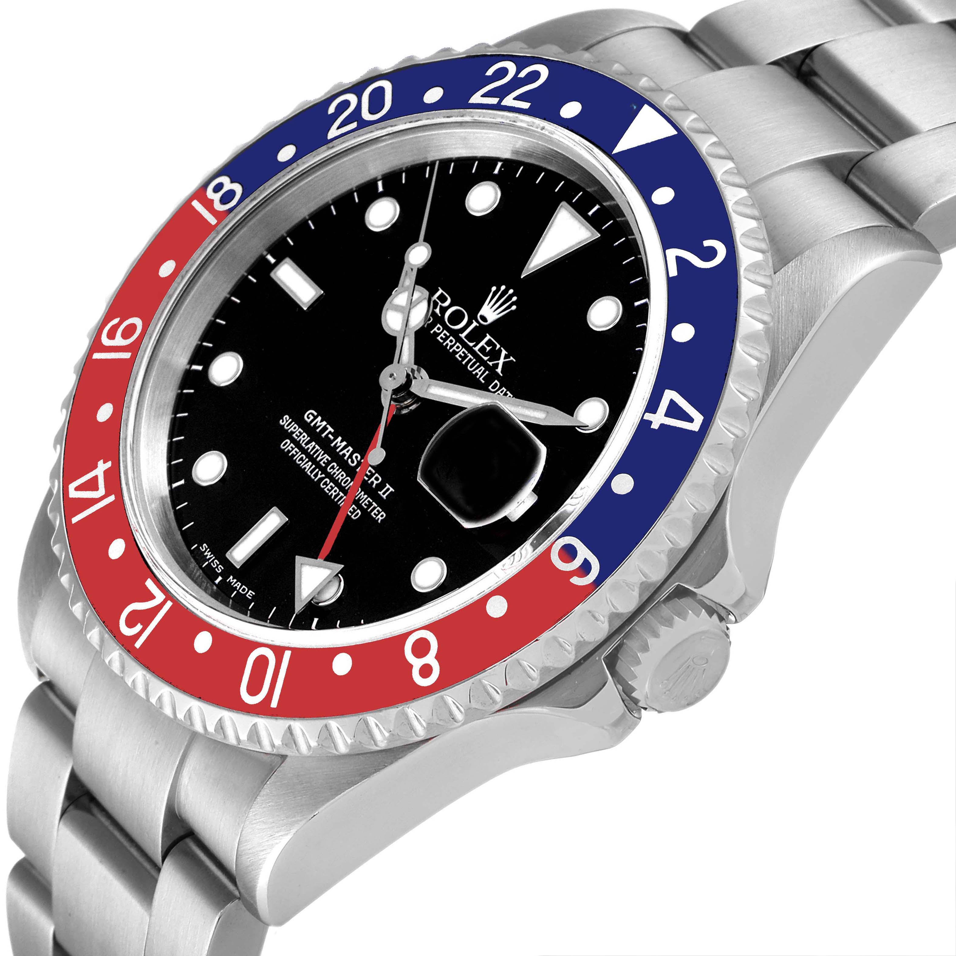 This image shows a Rolex GMT-Master 16710 Men
s Stainless Steel Black Dial 16710 Men
s Stainless Steel Black Dial II watch at an angled view highlighting the bezel, dial, bracelet, and crown.