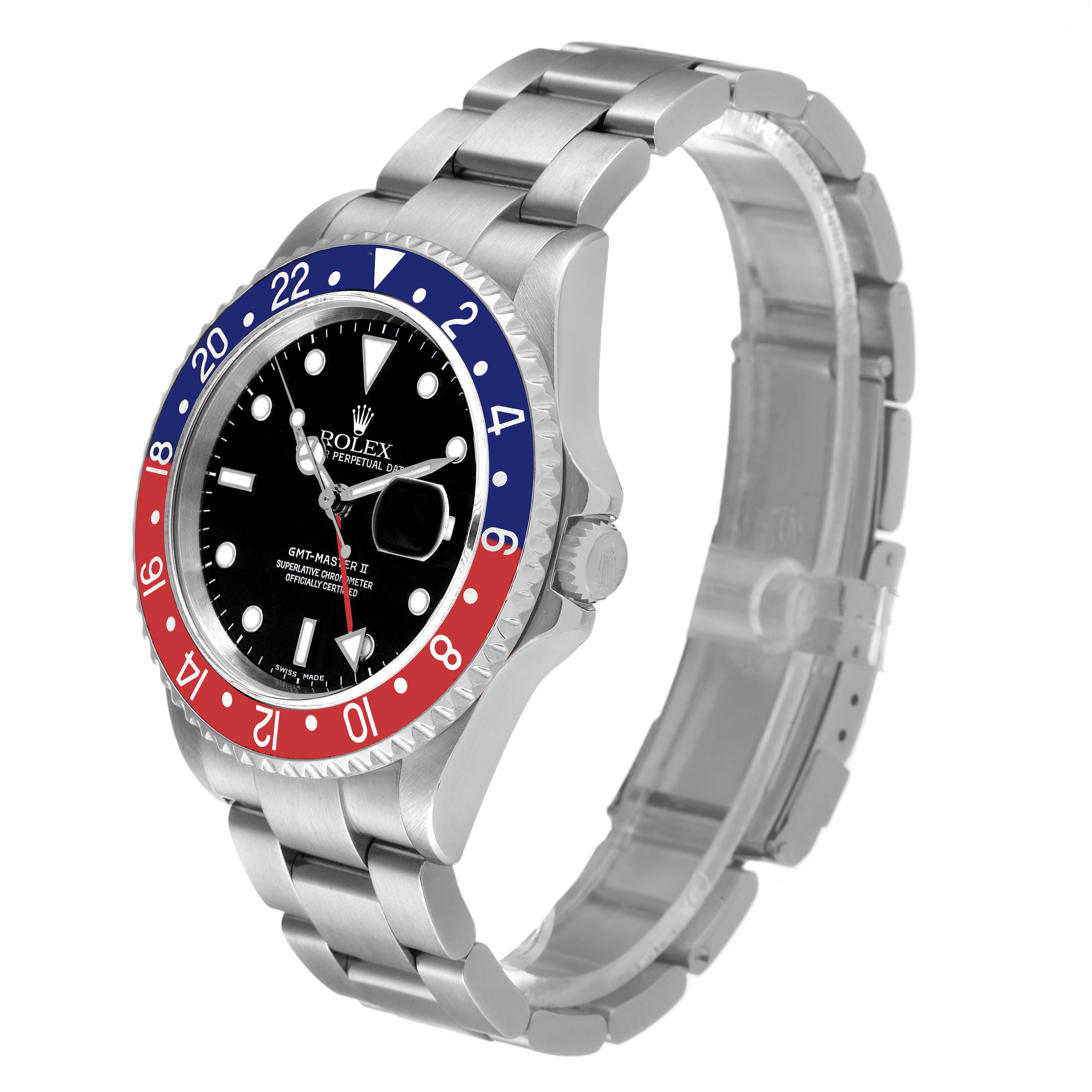 The image shows a Rolex GMT-Master 16710 Men
s Stainless Steel Black Dial 16710 Men
s Stainless Steel Black Dial II watch from a side angle, focusing on the face, bezel, and bracelet.