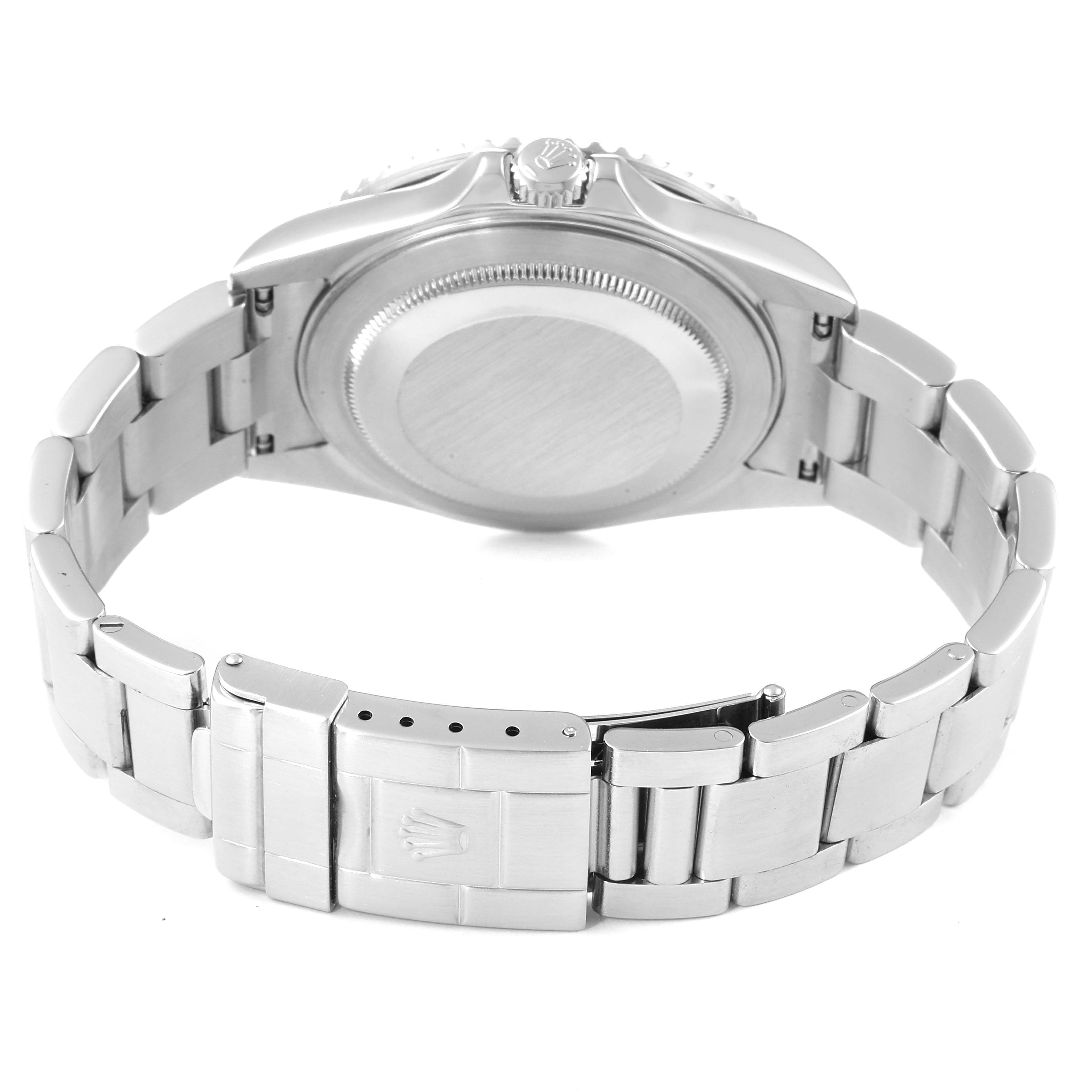 The image shows the back view of the Rolex GMT-Master 16710 Men
s Stainless Steel Black Dial 16710 Men
s Stainless Steel Black Dial watch, displaying the case back and bracelet with the clasp open.