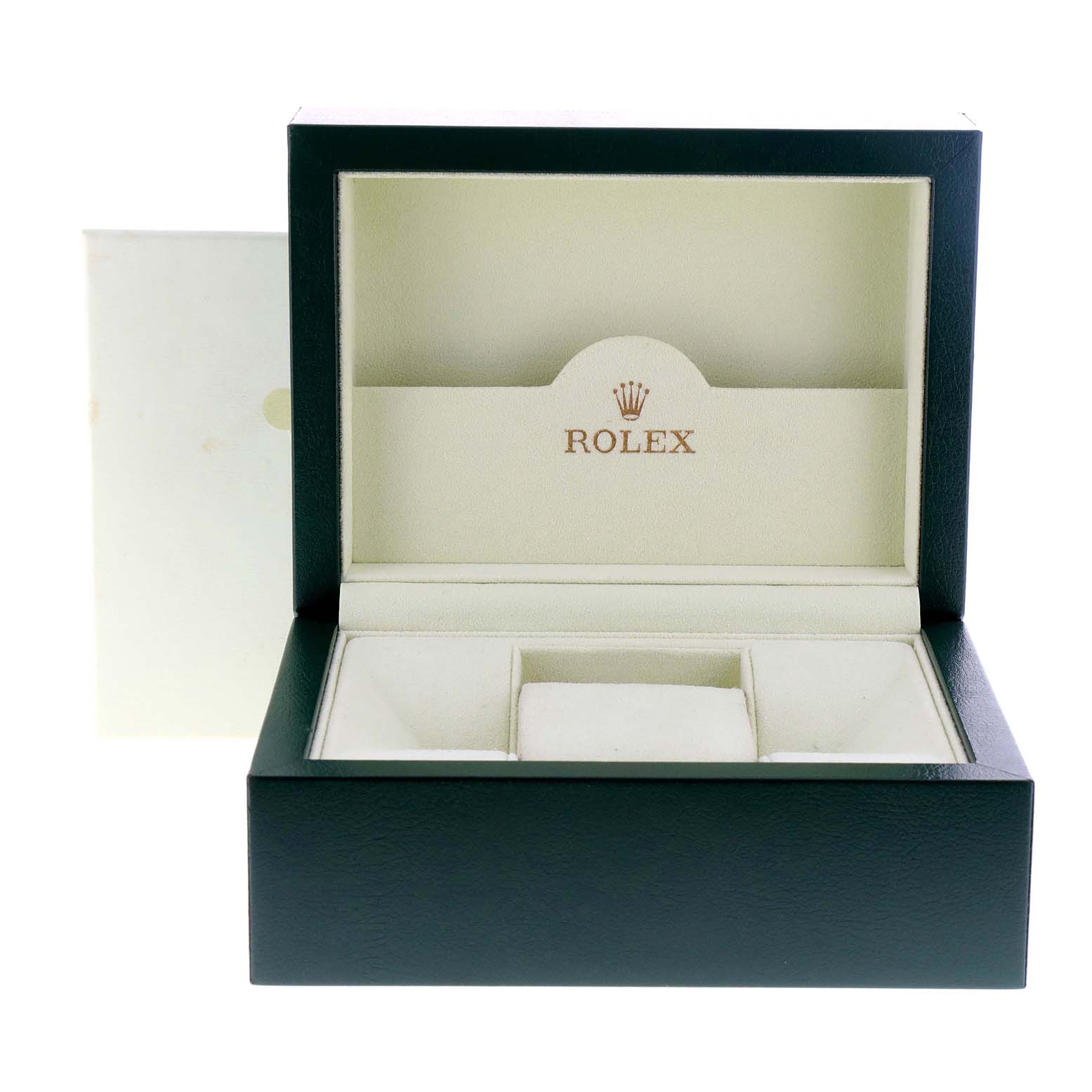 This image shows an open Rolex GMT-Master 16710 Men
s Stainless Steel Black Dial 16710 Men
s Stainless Steel Black Dial watch box, displaying its cushioned interior and compartments from a frontal angle.