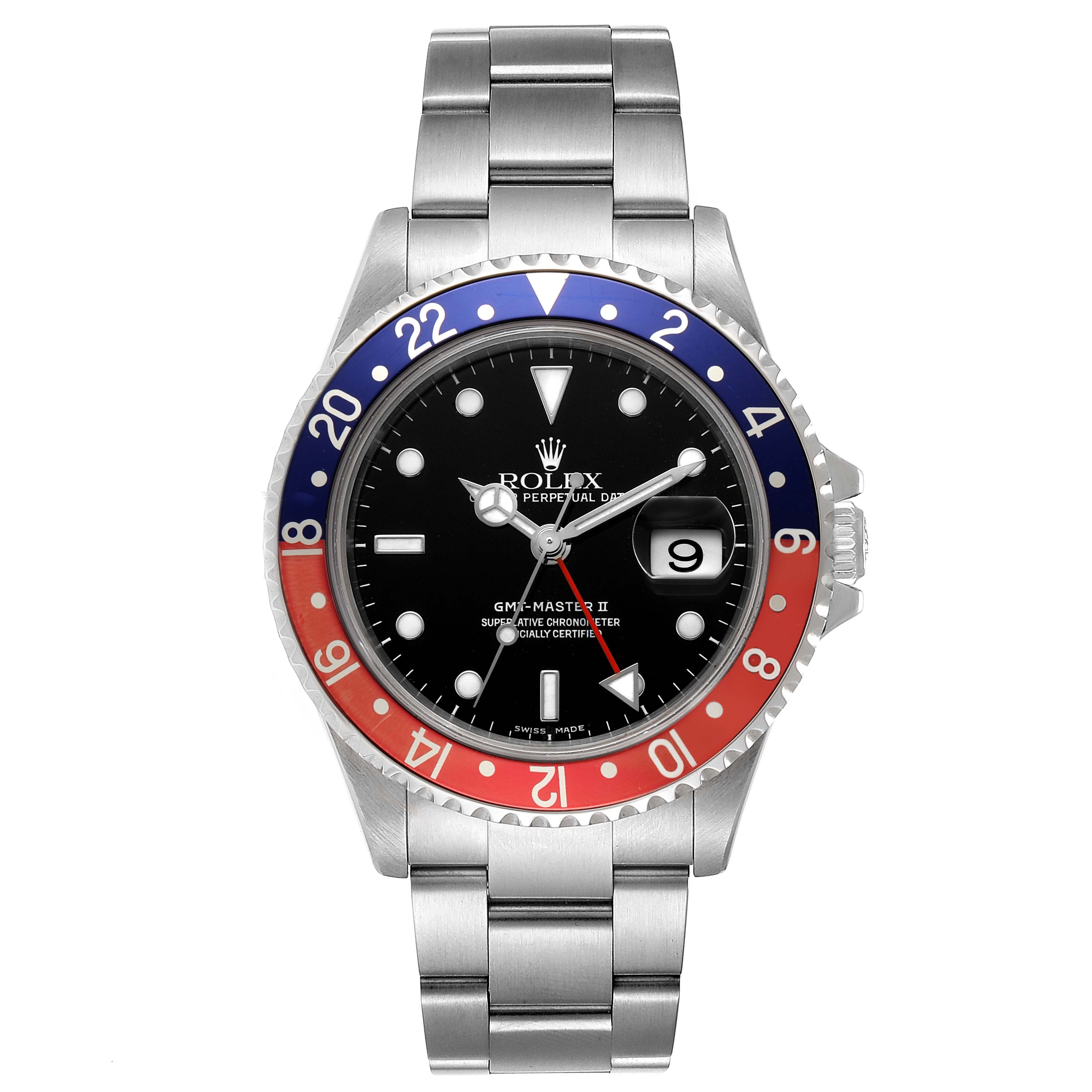 The image shows a front view of the Rolex GMT-Master 16710 Men
s Stainless Steel Black Dial 16710 Men
s Stainless Steel Black Dial II watch, featuring a black dial and a red and blue bezel.