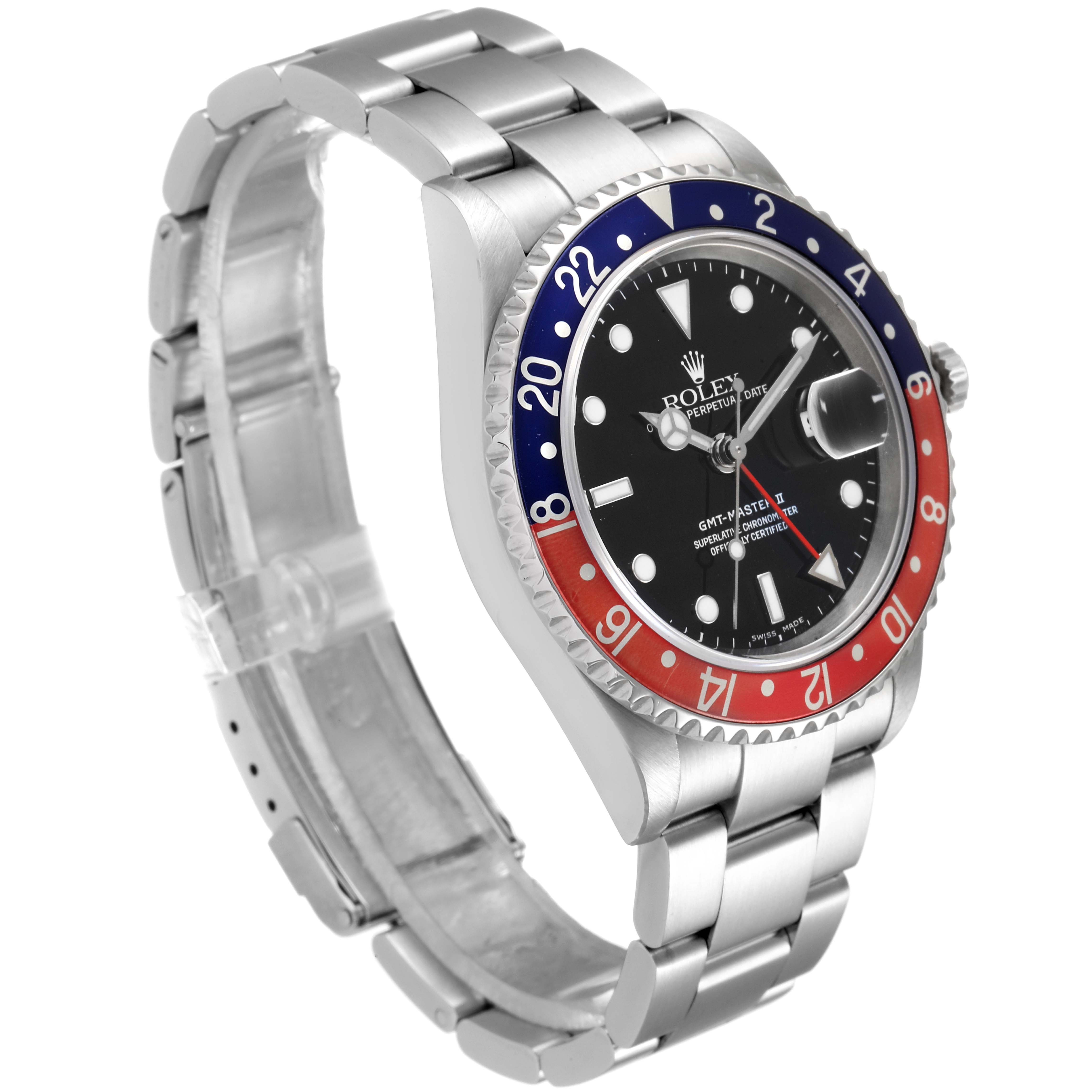 The image showcases a Rolex GMT-Master 16710 Men
s Stainless Steel Black Dial 16710 Men
s Stainless Steel Black Dial watch in a three-quarter view, highlighting the dial, bezel, case, and bracelet.