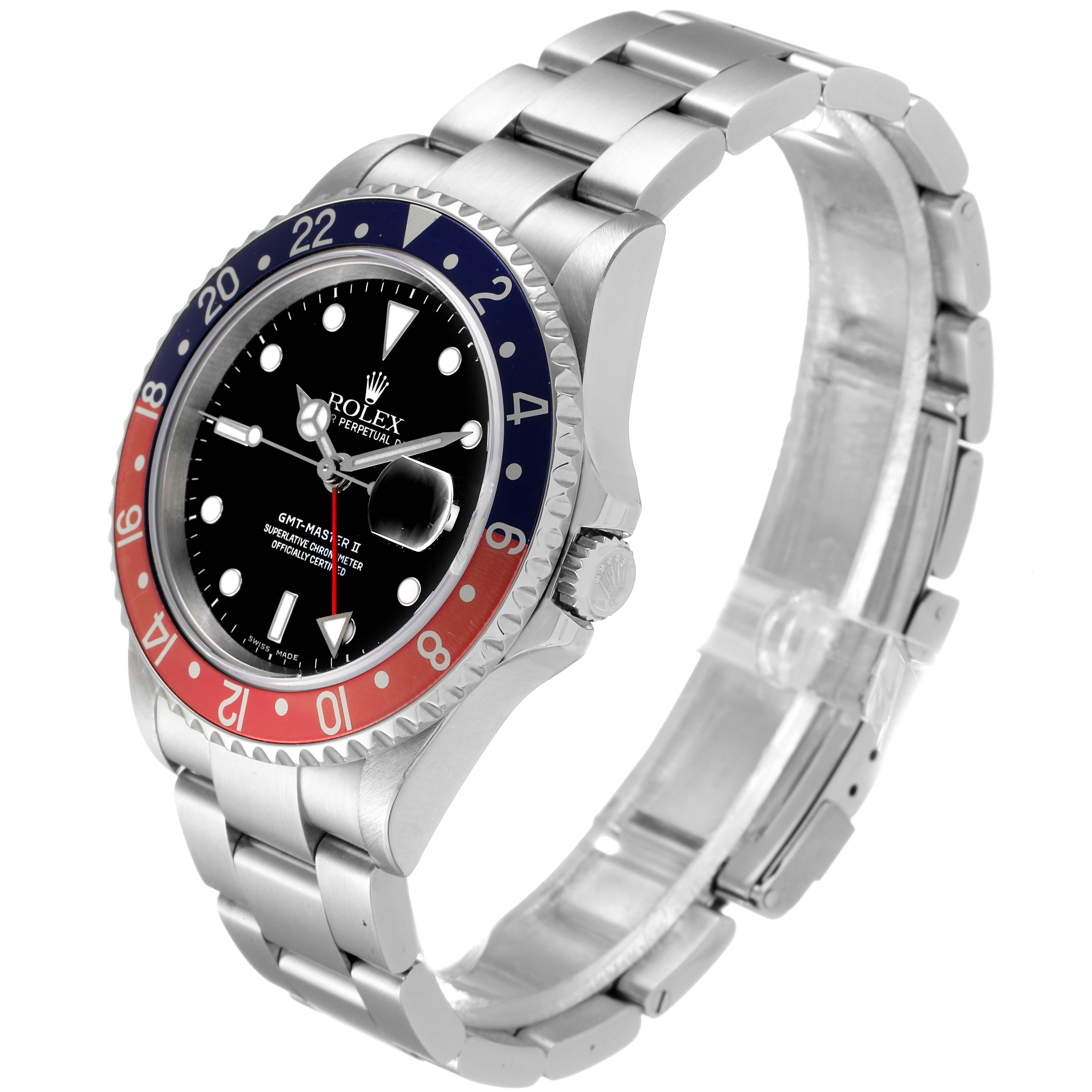 The Rolex GMT-Master 16710 Men
s Stainless Steel Black Dial 16710 Men
s Stainless Steel Black Dial watch is shown at a slight angle, displaying the bezel, face, magnified date, and bracelet.