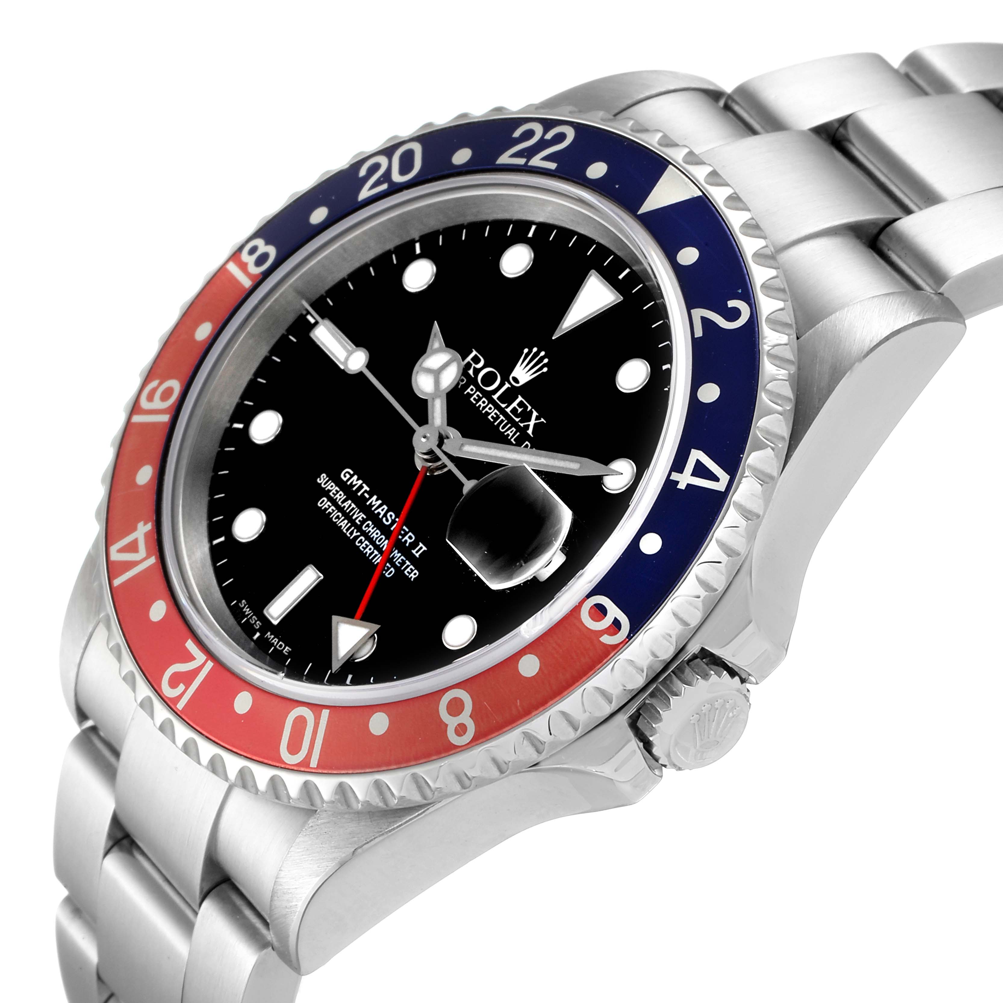 The image shows a Rolex GMT-Master 16710 Men
s Stainless Steel Black Dial 16710 Men
s Stainless Steel Black Dial watch angled from the right, highlighting its bezel, dial, crown, and bracelet.