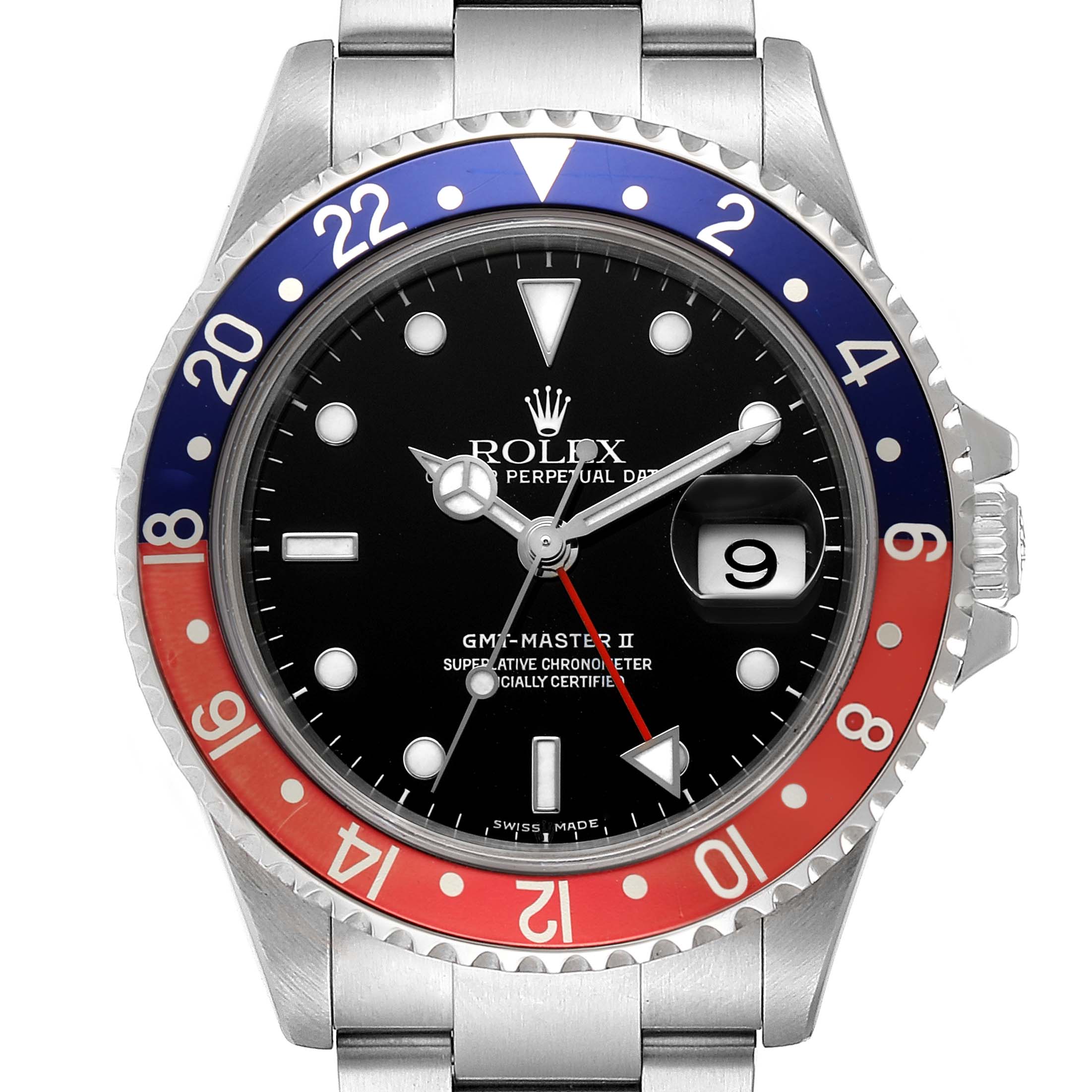 The image shows a front view of a Rolex GMT-Master 16710 Men
s Stainless Steel Black Dial 16710 Men
s Stainless Steel Black Dial II watch, highlighting its bezel, dial, and bracelet.