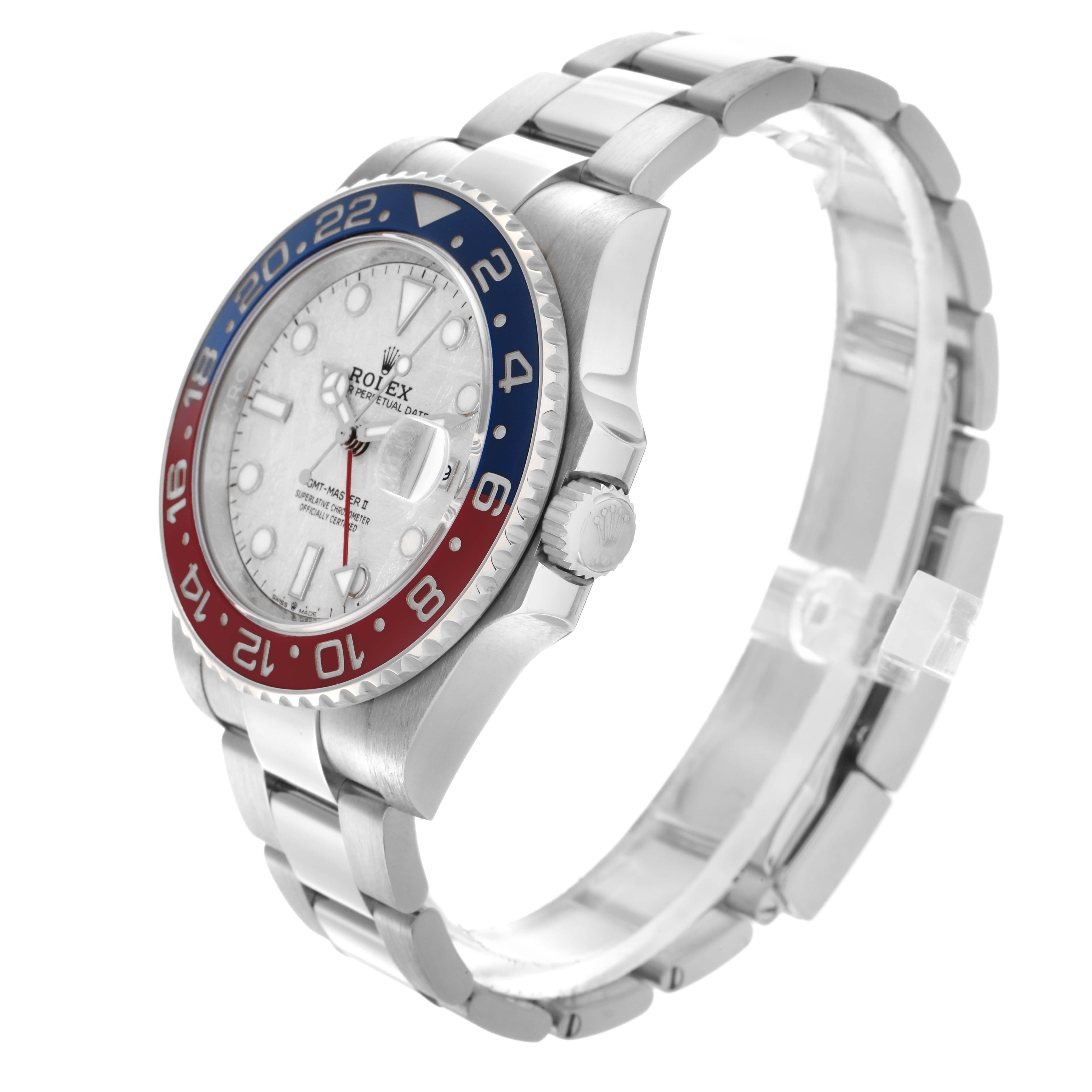 The Rolex GMT-Master 126719BLRO Men
s White Gold Silver Dial 126719BLRO Men
s White Gold Silver Dial watch is shown at a three-quarter angle, displaying the bezel, face, crown, and bracelet.