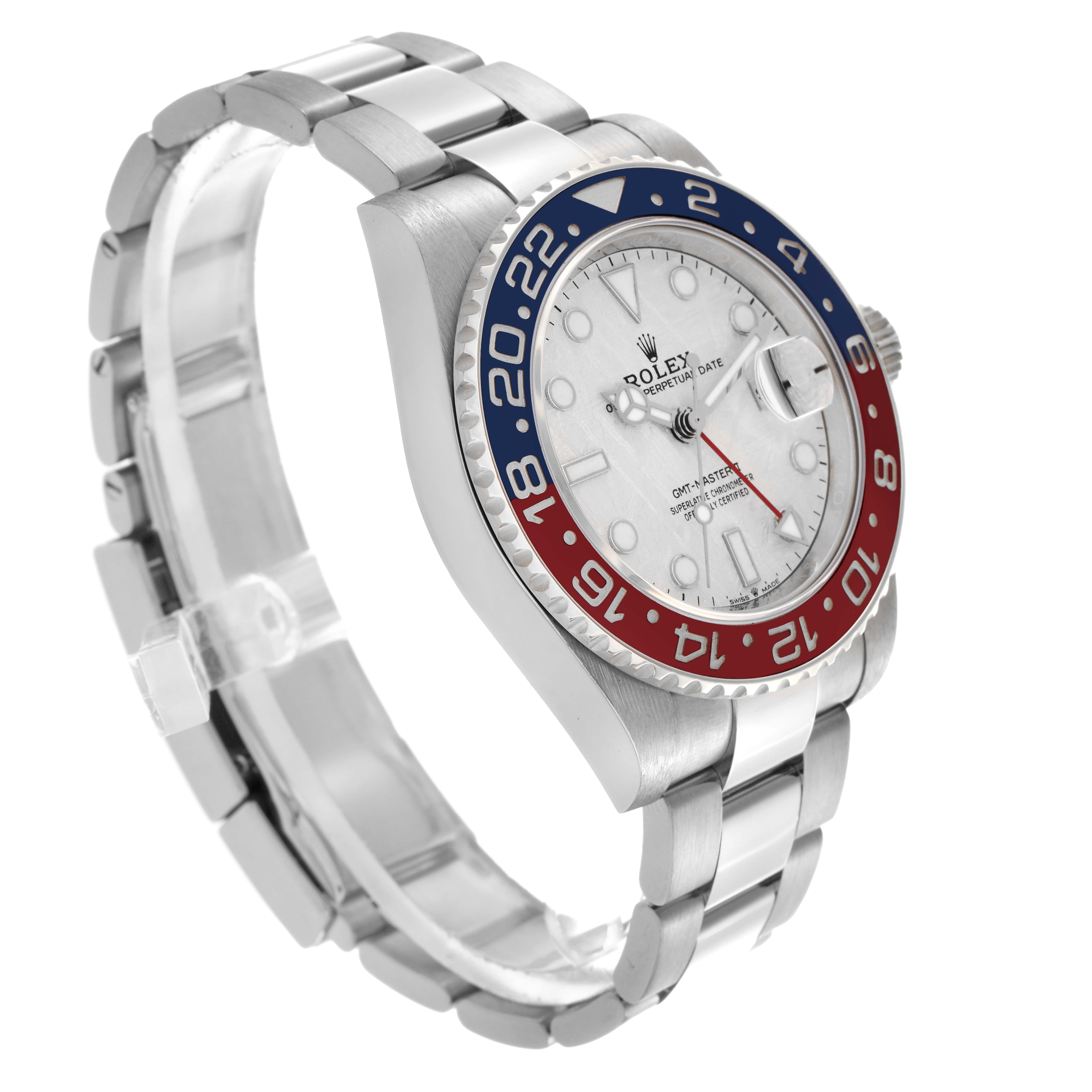 The Rolex GMT-Master 126719BLRO Men
s White Gold Silver Dial 126719BLRO Men
s White Gold Silver Dial watch is shown at a three-quarter angle, highlighting the bezel, face, and bracelet.