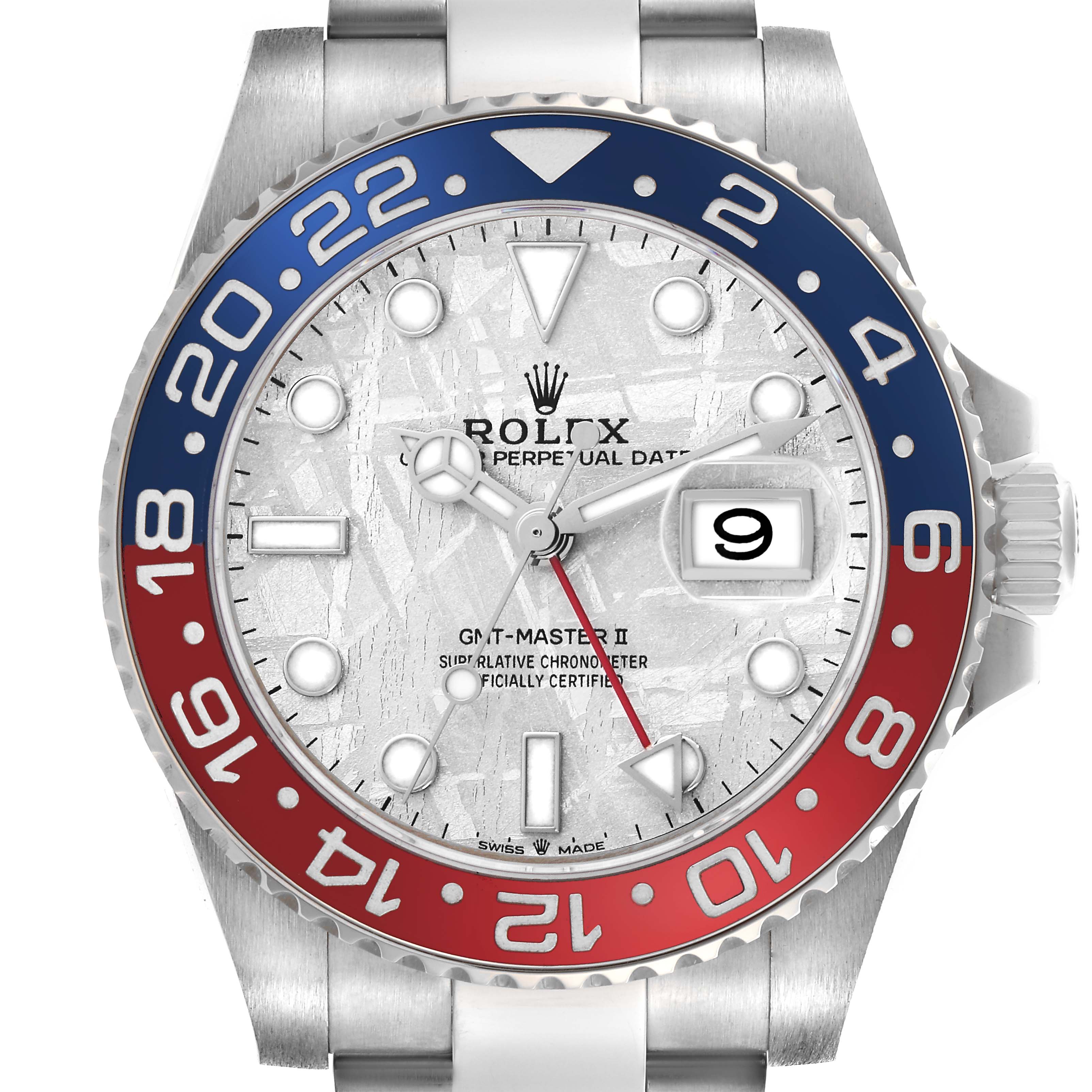 The image shows a frontal view of the Rolex GMT-Master 126719BLRO Men
s White Gold Silver Dial 126719BLRO Men
s White Gold Silver Dial II, highlighting the bezel, dial, hands, and date window.