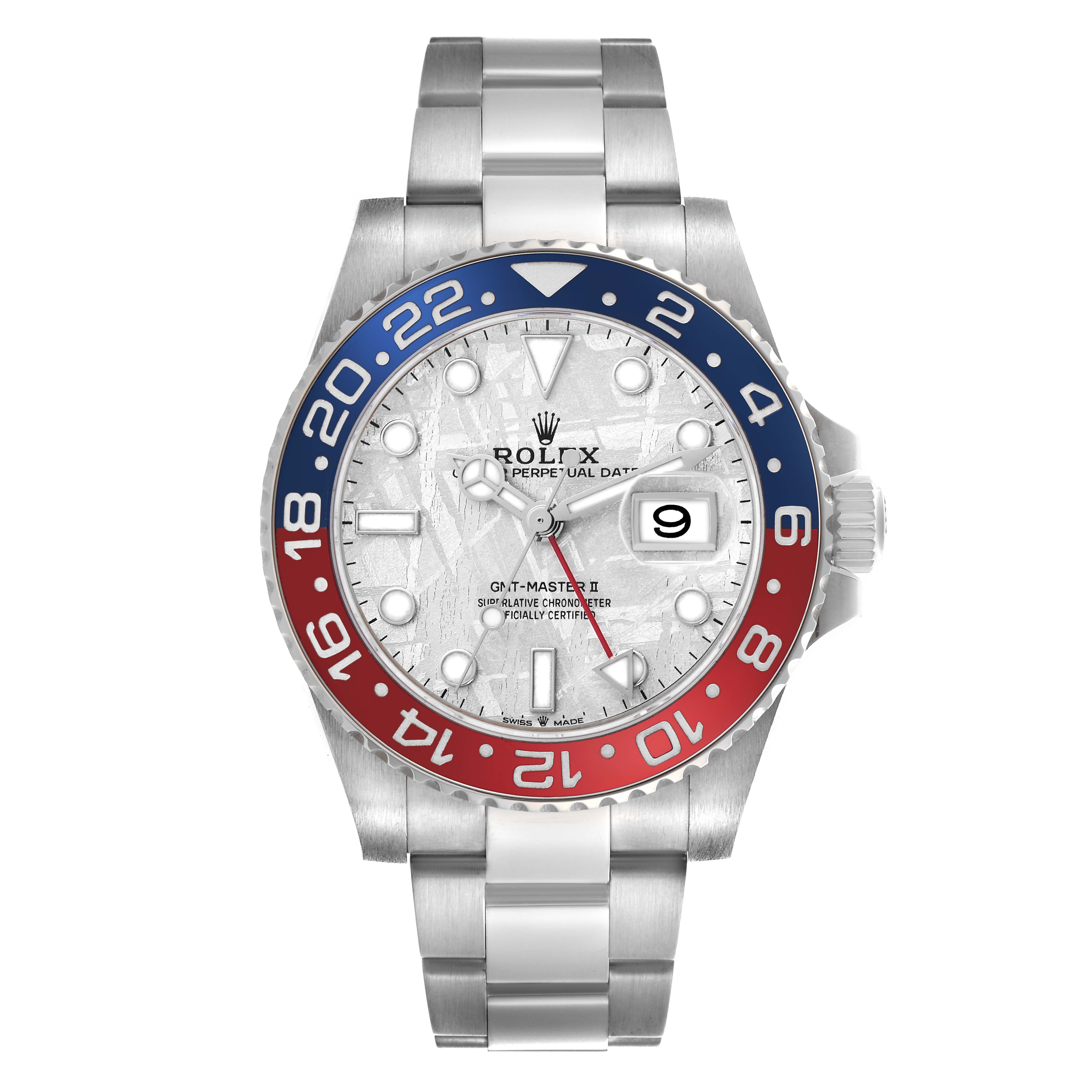 The Rolex GMT-Master 126719BLRO Men
s White Gold Silver Dial 126719BLRO Men
s White Gold Silver Dial watch is shown from a front angle, featuring its bezel, face, and metal bracelet.