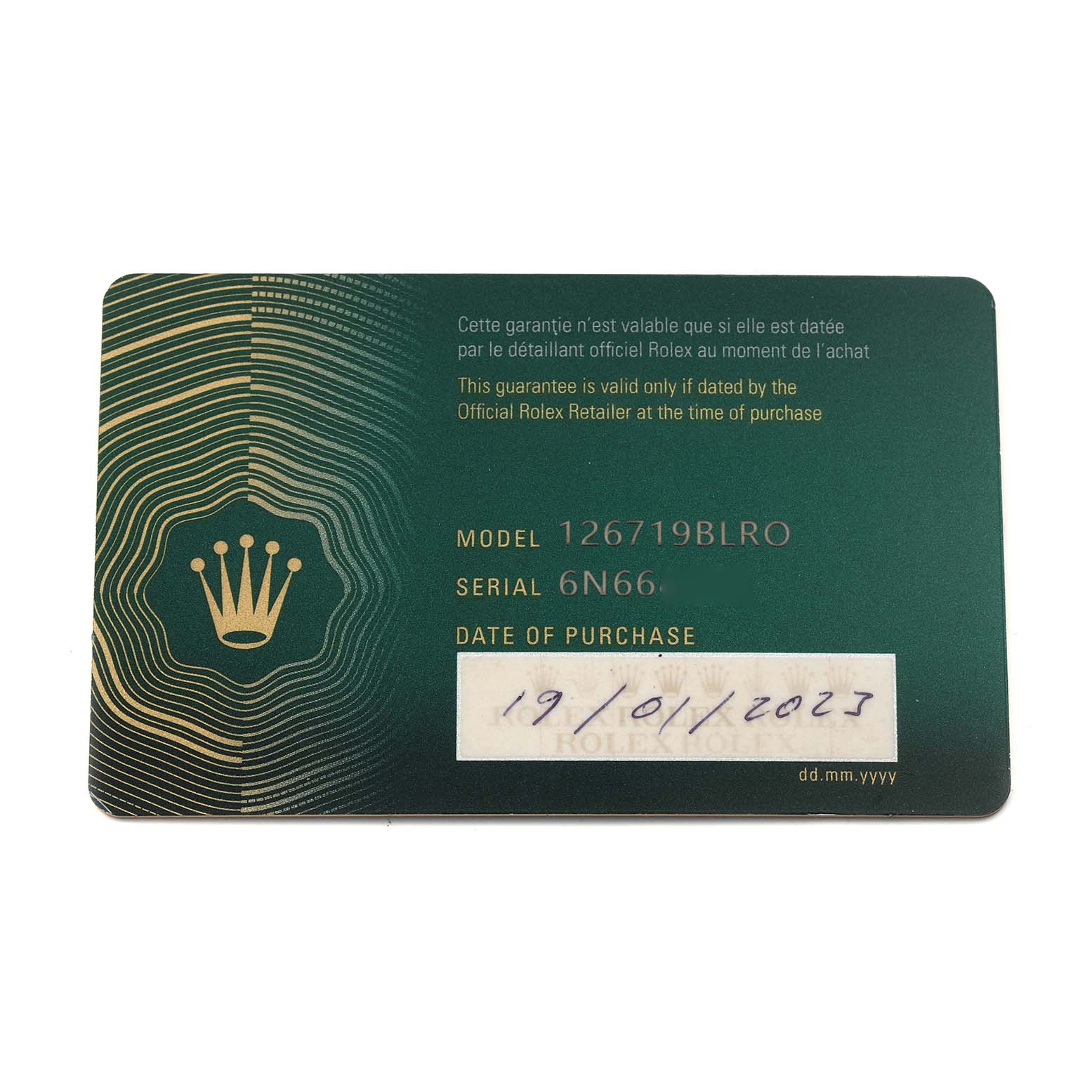 The image shows a warranty card for the Rolex GMT-Master 126719BLRO Men
s White Gold Silver Dial 126719BLRO Men
s White Gold Silver Dial model 126719BLRO.