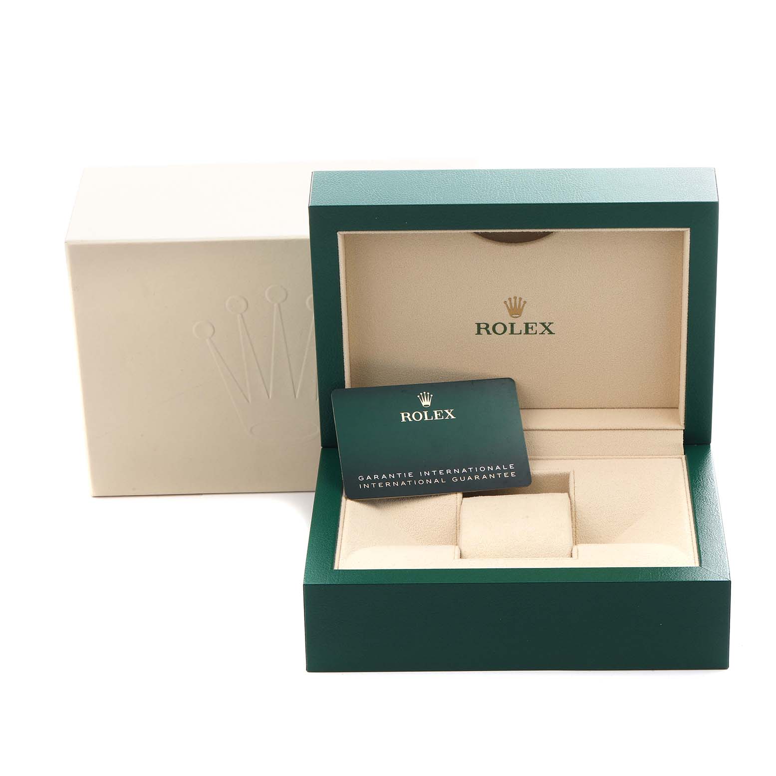 The image shows a Rolex GMT-Master 126719BLRO Men
s White Gold Silver Dial 126719BLRO Men
s White Gold Silver Dial watch box, with the open case displaying the guarantee card.