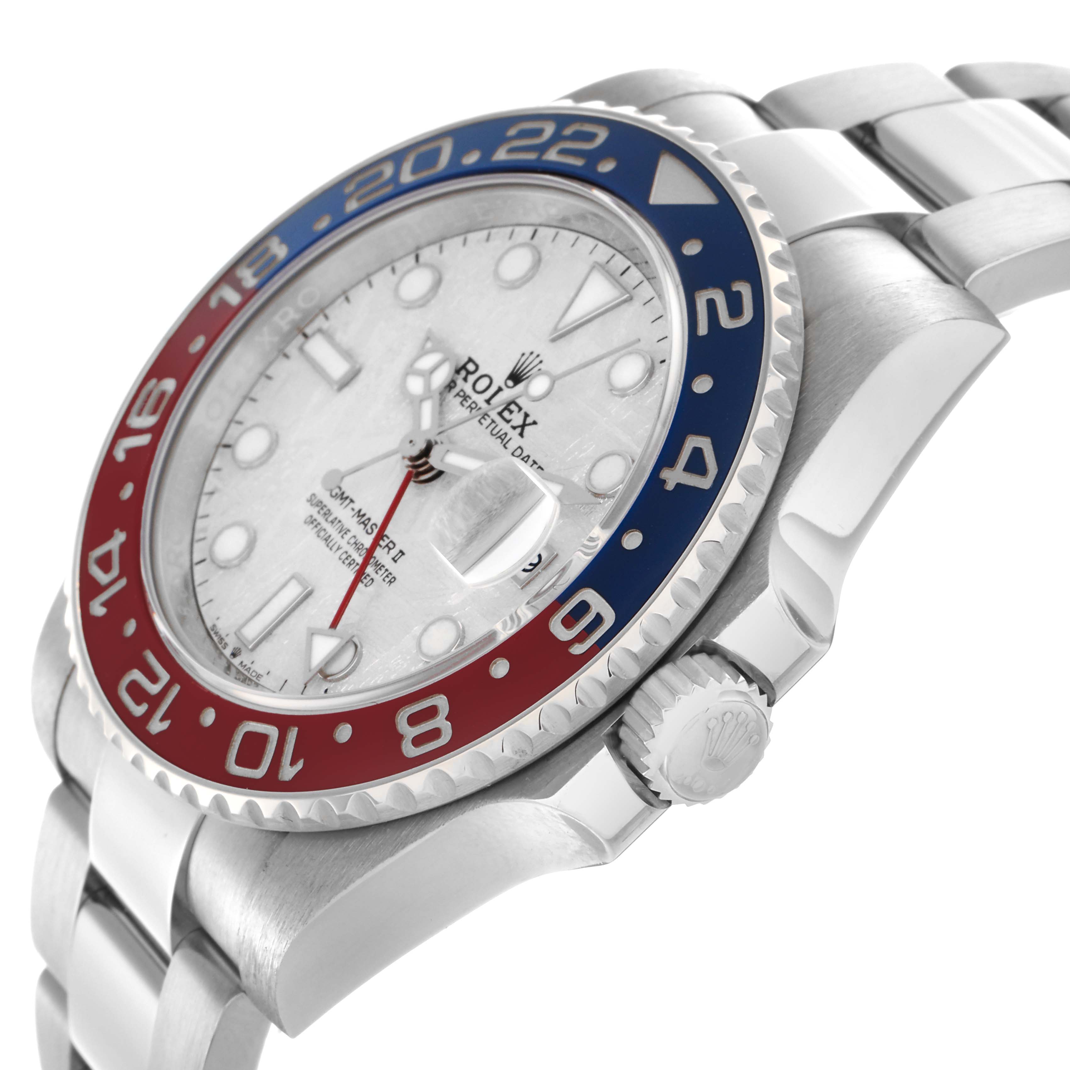 The Rolex GMT-Master 126719BLRO Men
s White Gold Silver Dial 126719BLRO Men
s White Gold Silver Dial watch is shown from an angled close-up, displaying its bezel, crown, and partial bracelet.