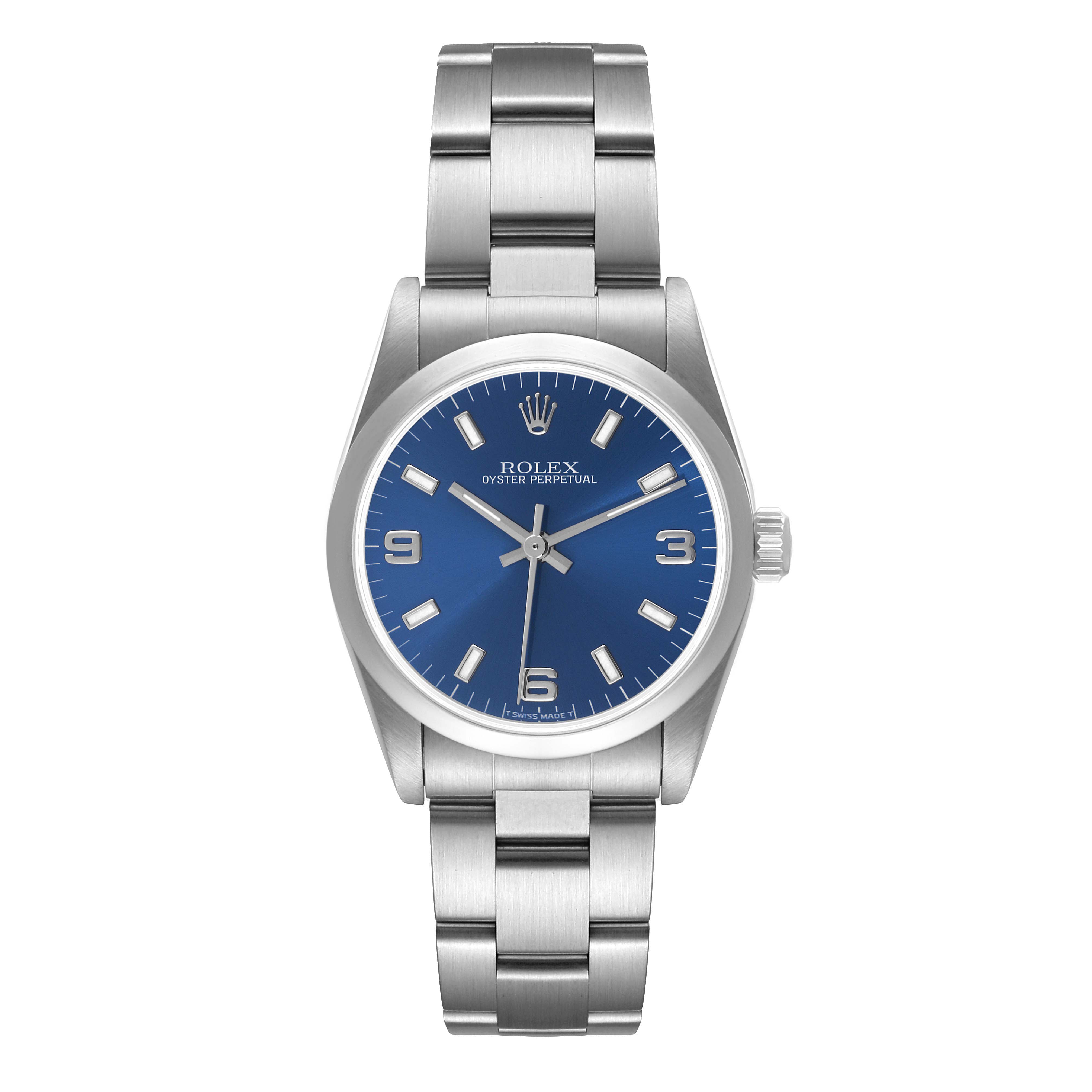 This image shows a front view of the Rolex Mid-Size 67480 Women's Stainless Steel Blue Dial 67480 Women's Stainless Steel Blue Dial Oyster Perpetual watch, highlighting its blue dial and stainless steel bracelet.