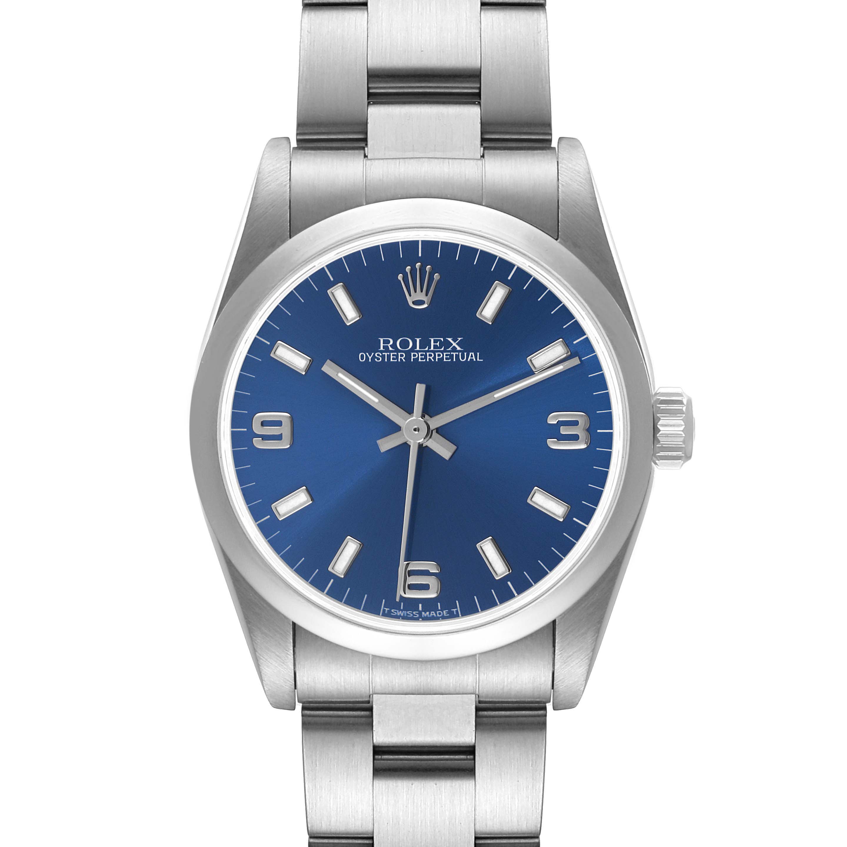 This is a front view of the Rolex Oyster Perpetual Mid-Size watch, showing the dial, bezel, and bracelet.