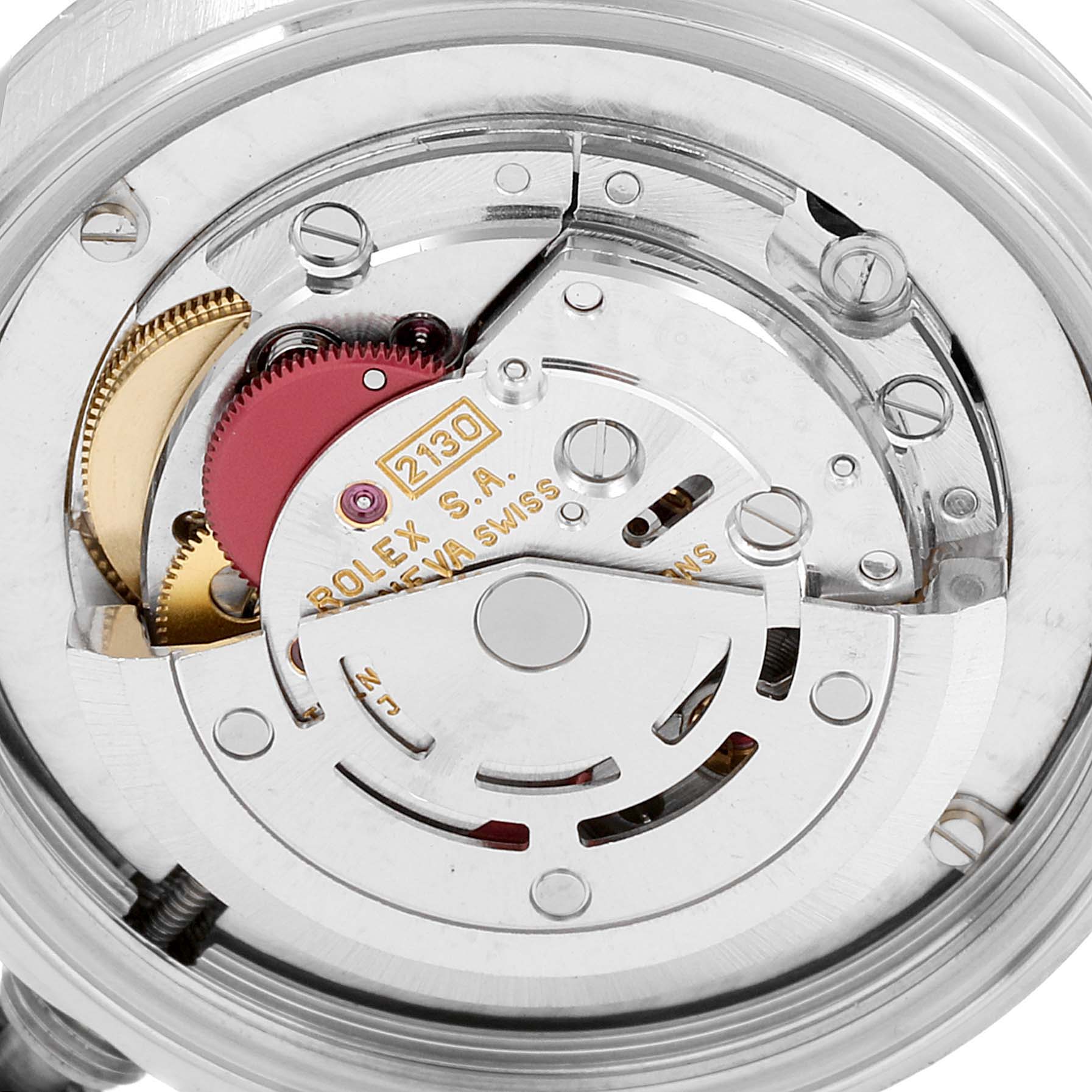 The image shows the internal mechanism of a Mid-Size Rolex watch, viewed from the back.