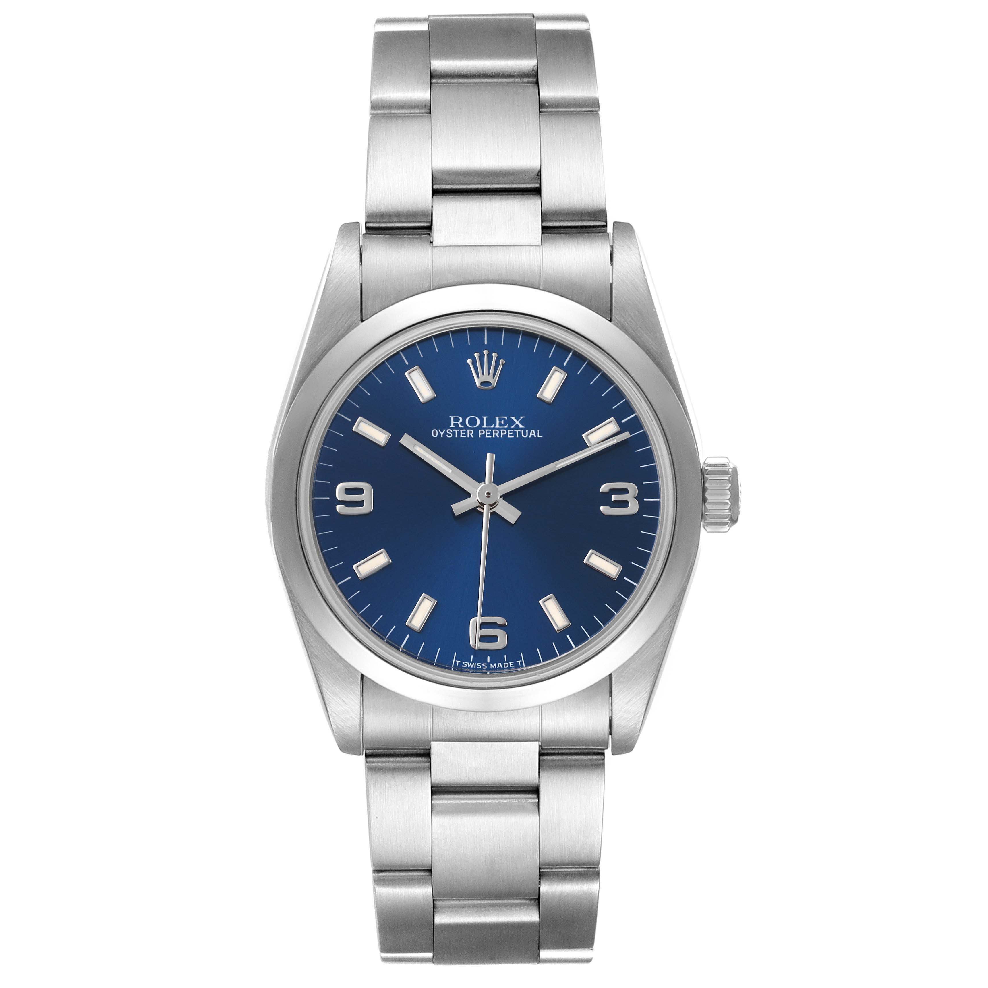 The image shows a front view of the Rolex Oyster Perpetual Mid-Size watch, displaying the face, bezel, crown, and bracelet.