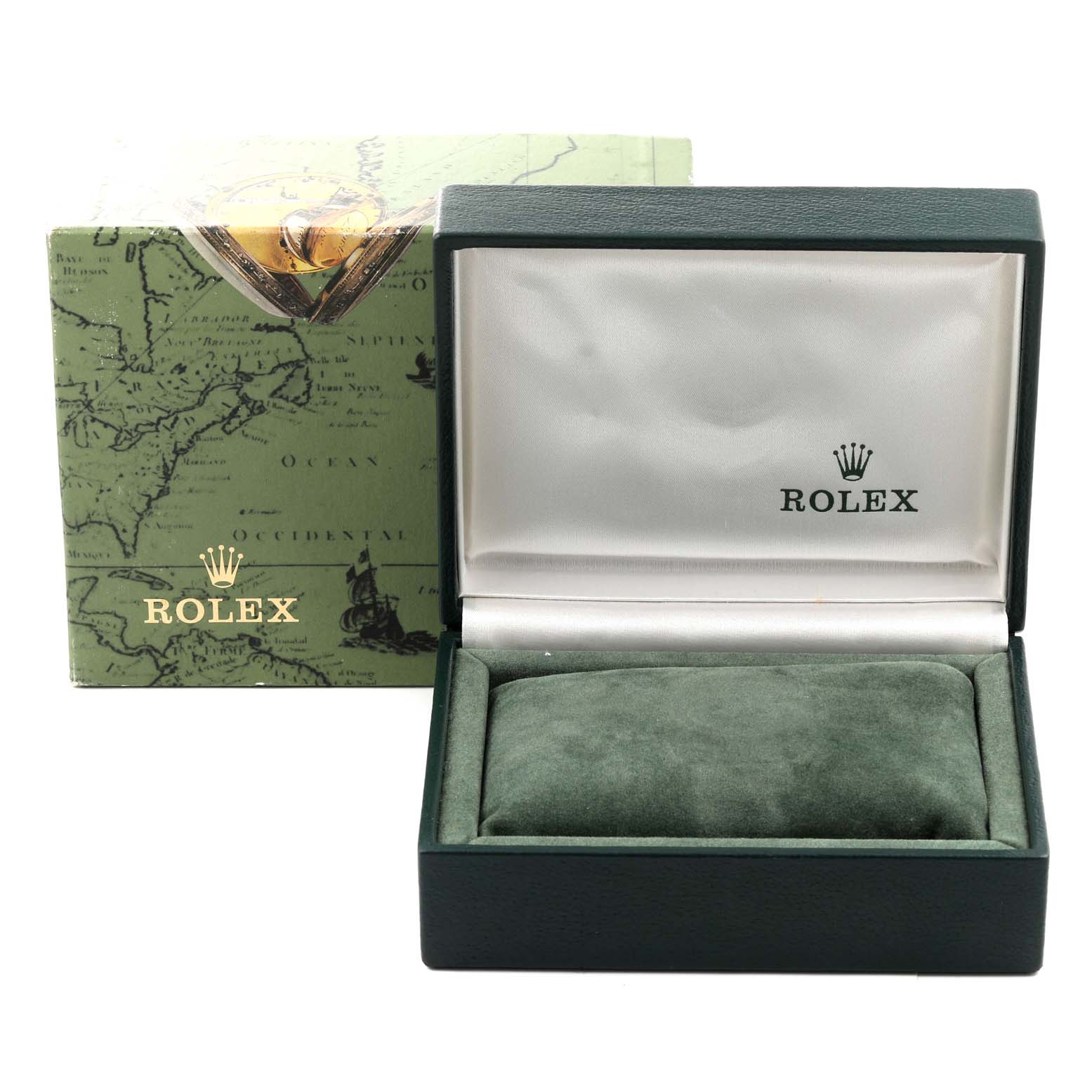 The image shows a Rolex Mid-Size 67480 Women
s Stainless Steel Blue Dial 67480 Women
s Stainless Steel Blue Dial model watch box and its outer packaging from a front angle, with the box open and empty.