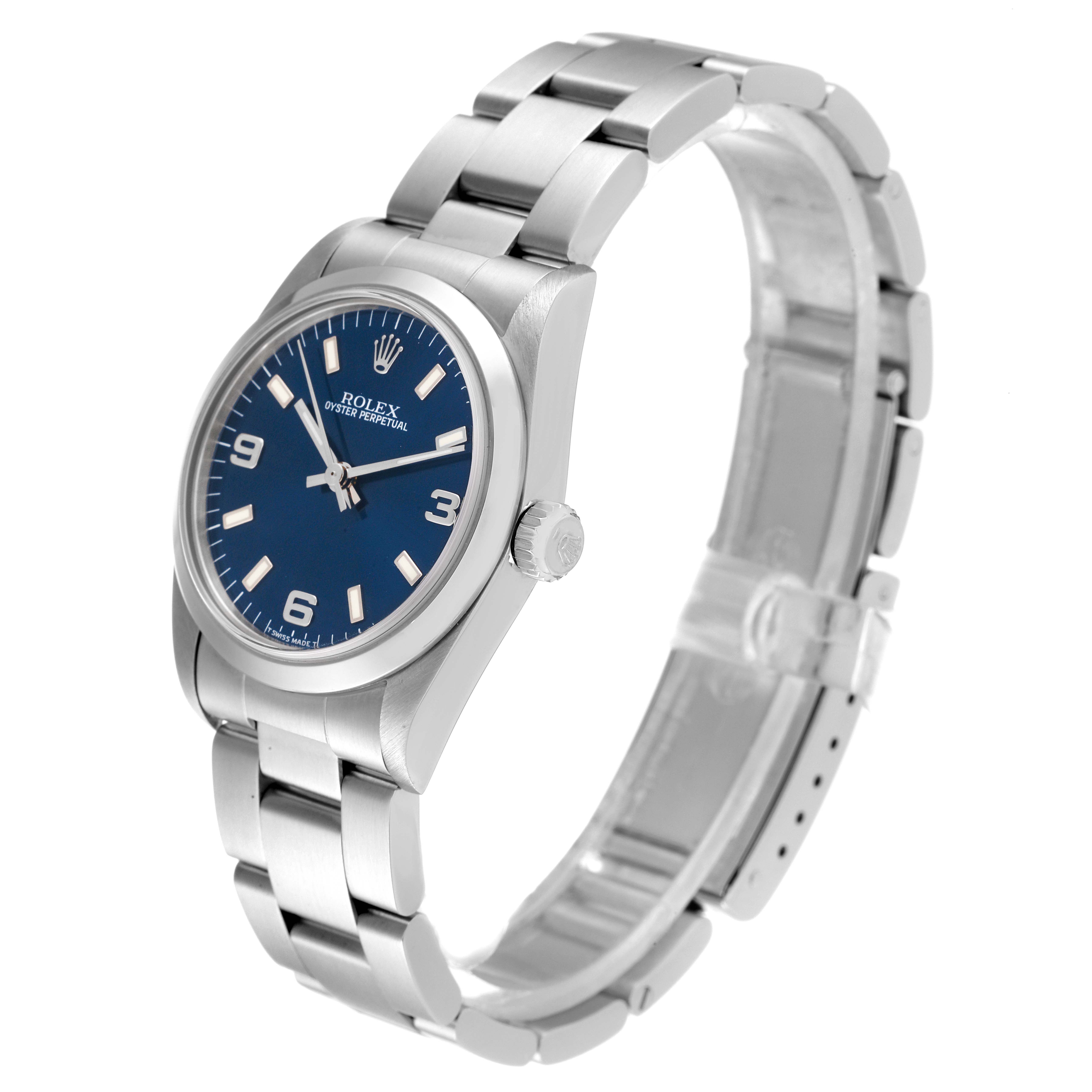 This image shows a side view of a Rolex Mid-Size 67480 Women
s Stainless Steel Blue Dial 67480 Women
s Stainless Steel Blue Dial model watch, showcasing the blue dial, bezel, and stainless steel bracelet.