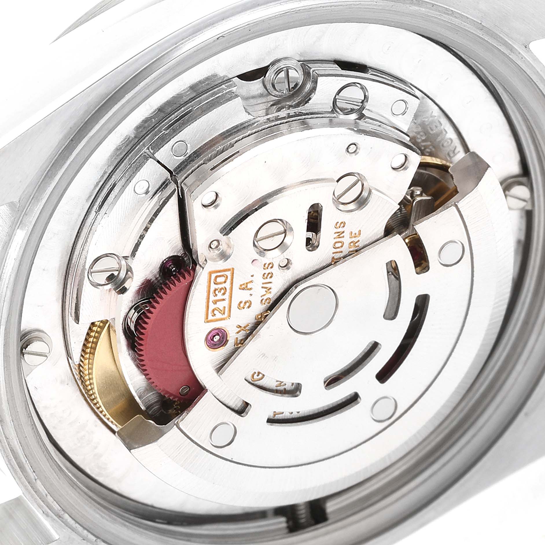 The image shows the internal movement mechanism of a Mid-Size model Rolex watch, viewed from the back.