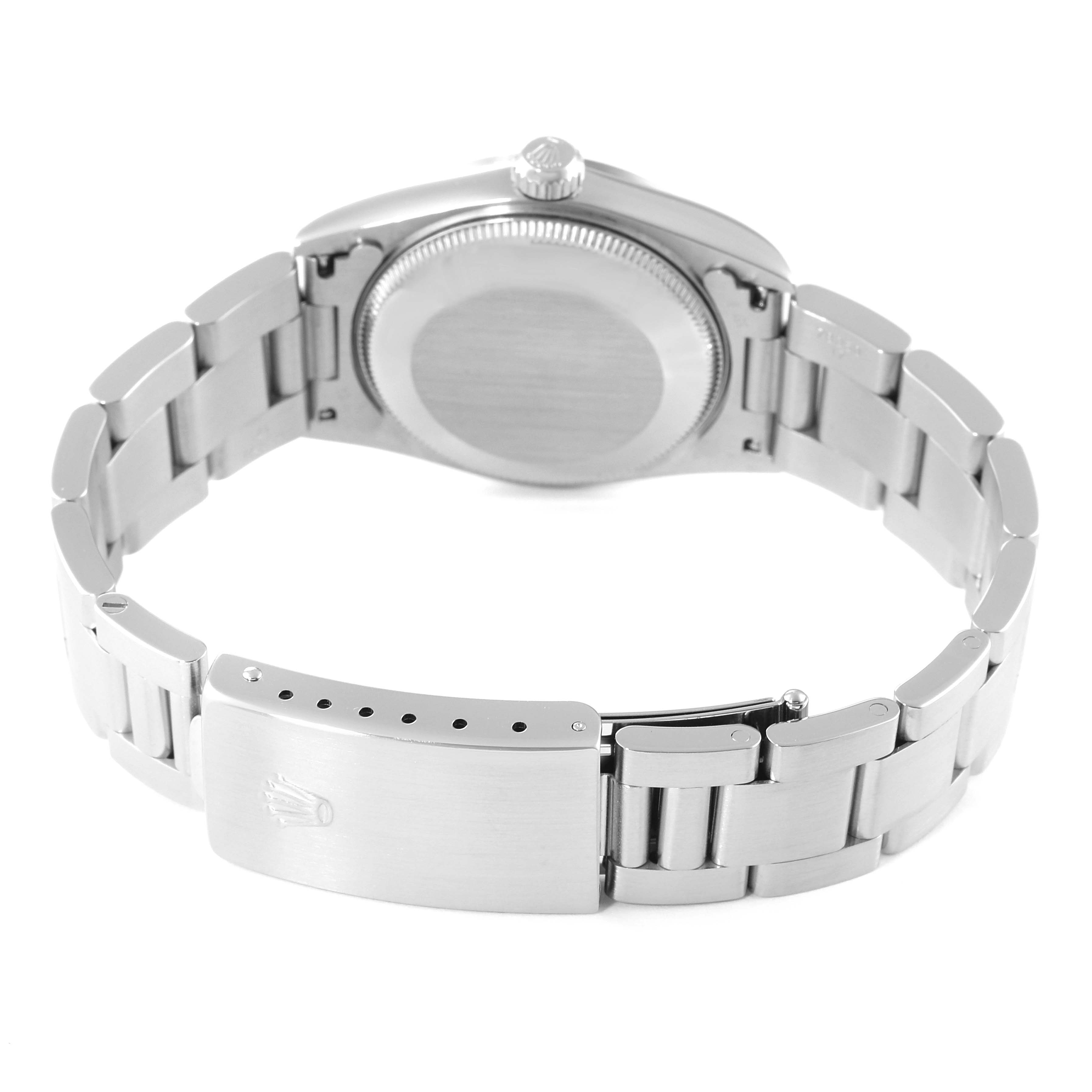 This image shows the back and bracelet clasp of a Mid-Size Rolex watch.