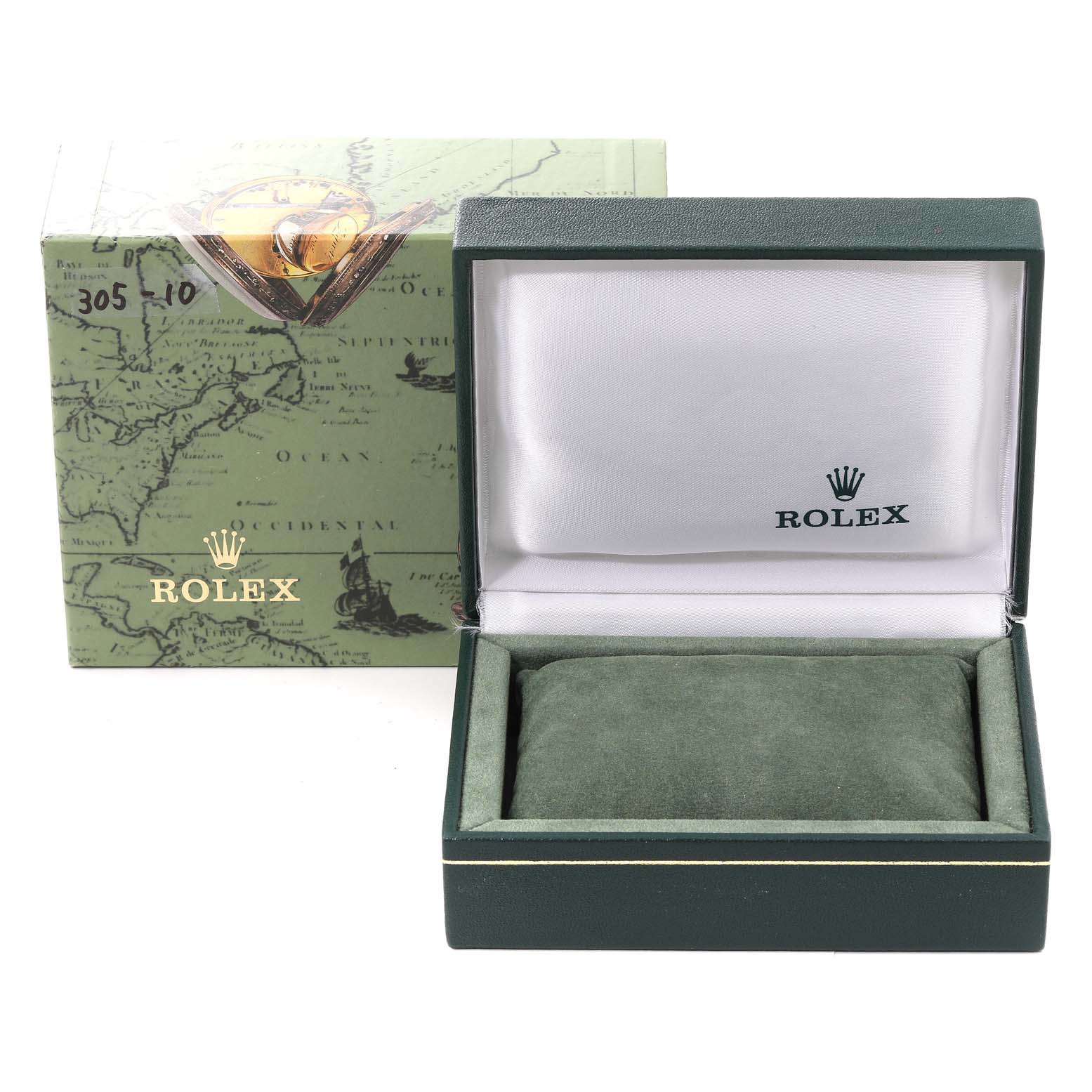 The image shows a green Rolex box and an open Rolex Mid-Size 67480 Women
s Stainless Steel Blue Dial 67480 Women
s Stainless Steel Blue Dial watch case lined with white and green fabric.