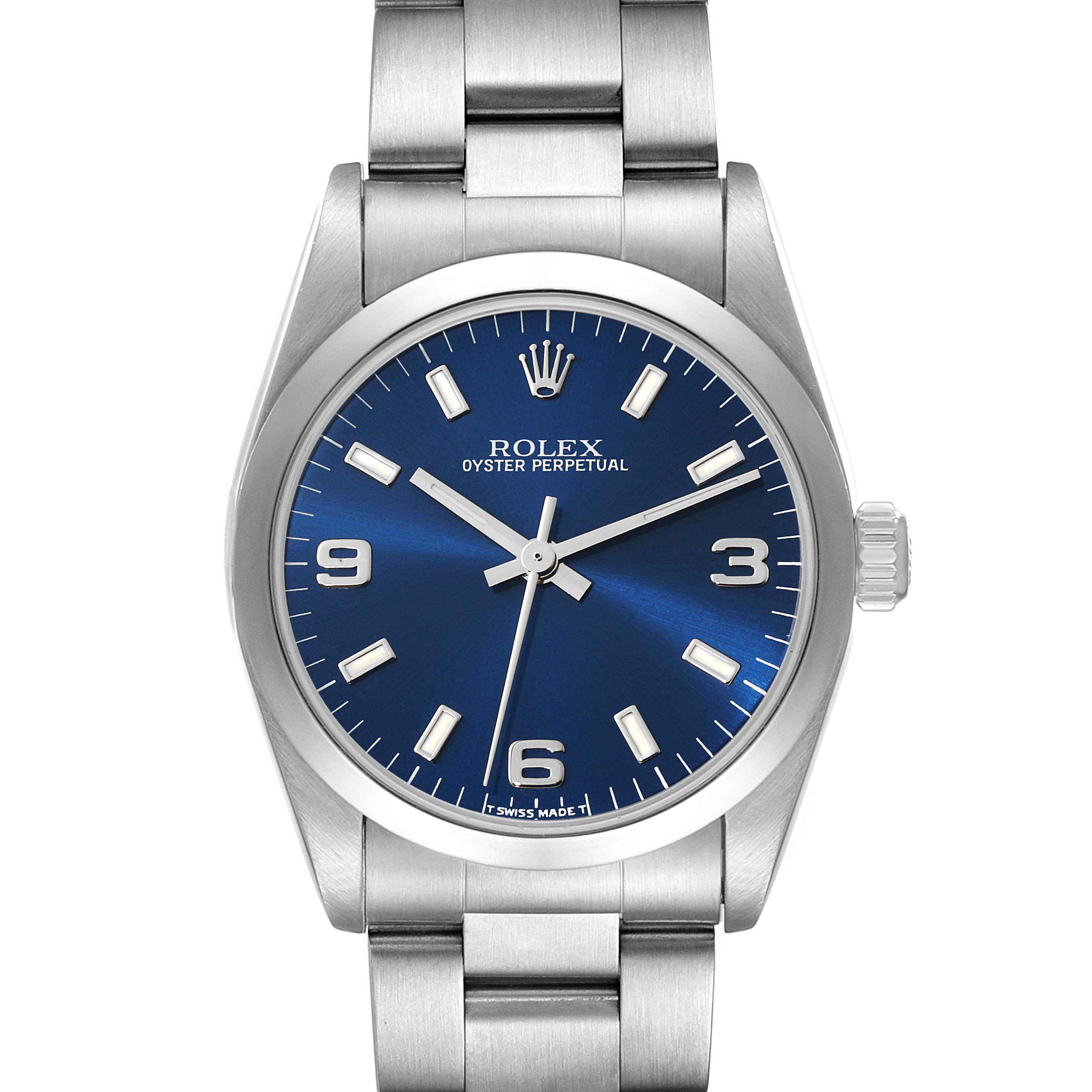 This image shows a frontal view of a Rolex Mid-Size 67480 Women
s Stainless Steel Blue Dial 67480 Women
s Stainless Steel Blue Dial Oyster Perpetual watch displaying the face and part of the bracelet.