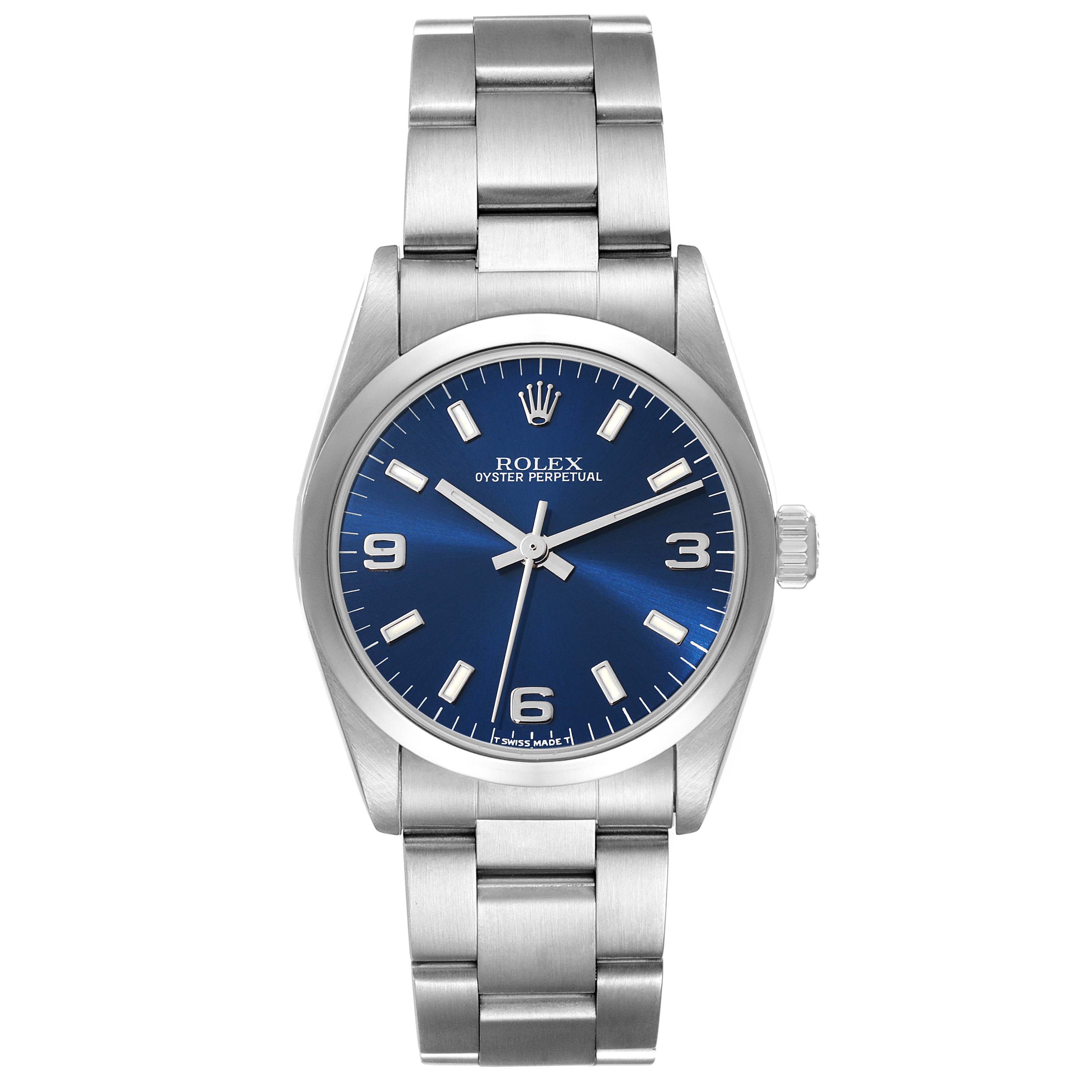 The image shows a front view of a Mid-Size Rolex Oyster Perpetual watch with a blue dial and silver bracelet.
