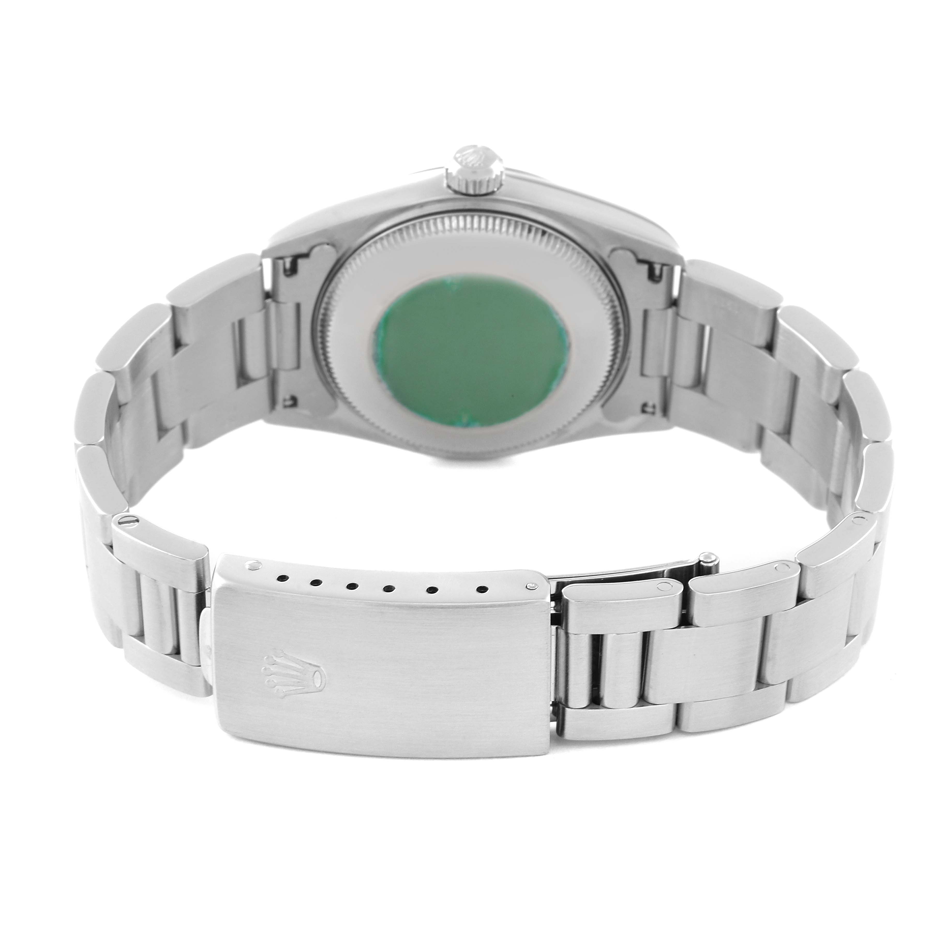 This image shows the back and clasp of a Mid-Size Rolex watch in a partially open position.