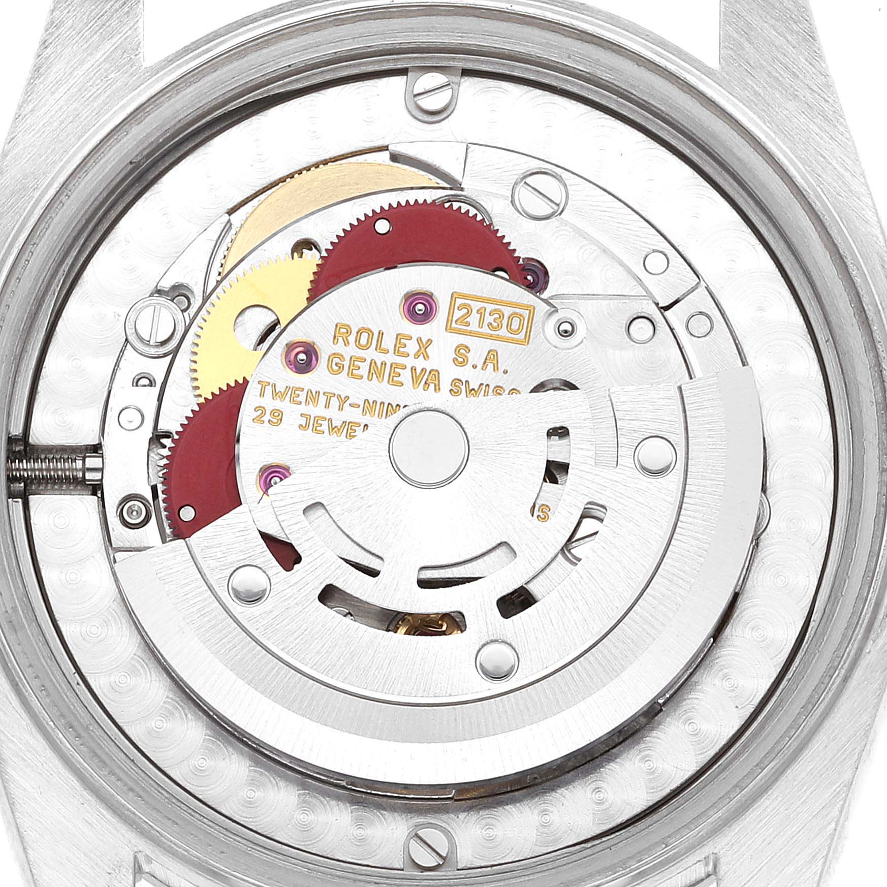 The image shows the internal automatic movement and gears of a Rolex Mid-Size 67480 Women
s Stainless Steel Blue Dial 67480 Women
s Stainless Steel Blue Dial watch, model 2130, viewed from the rear.