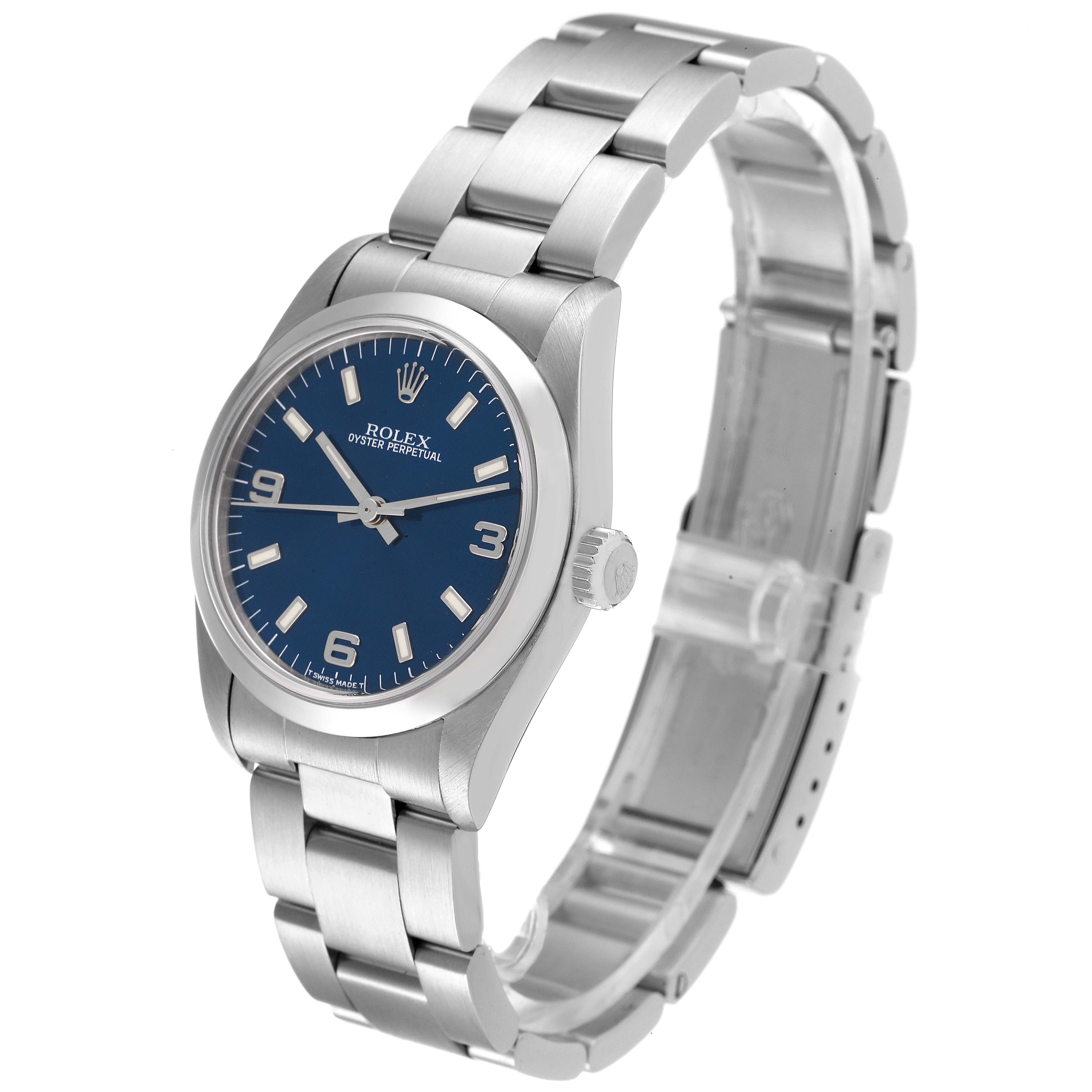 This Rolex Mid-Size 67480 Women
s Stainless Steel Blue Dial 67480 Women
s Stainless Steel Blue Dial model watch is shown at a three-quarter angle, displaying the face, crown, and bracelet.