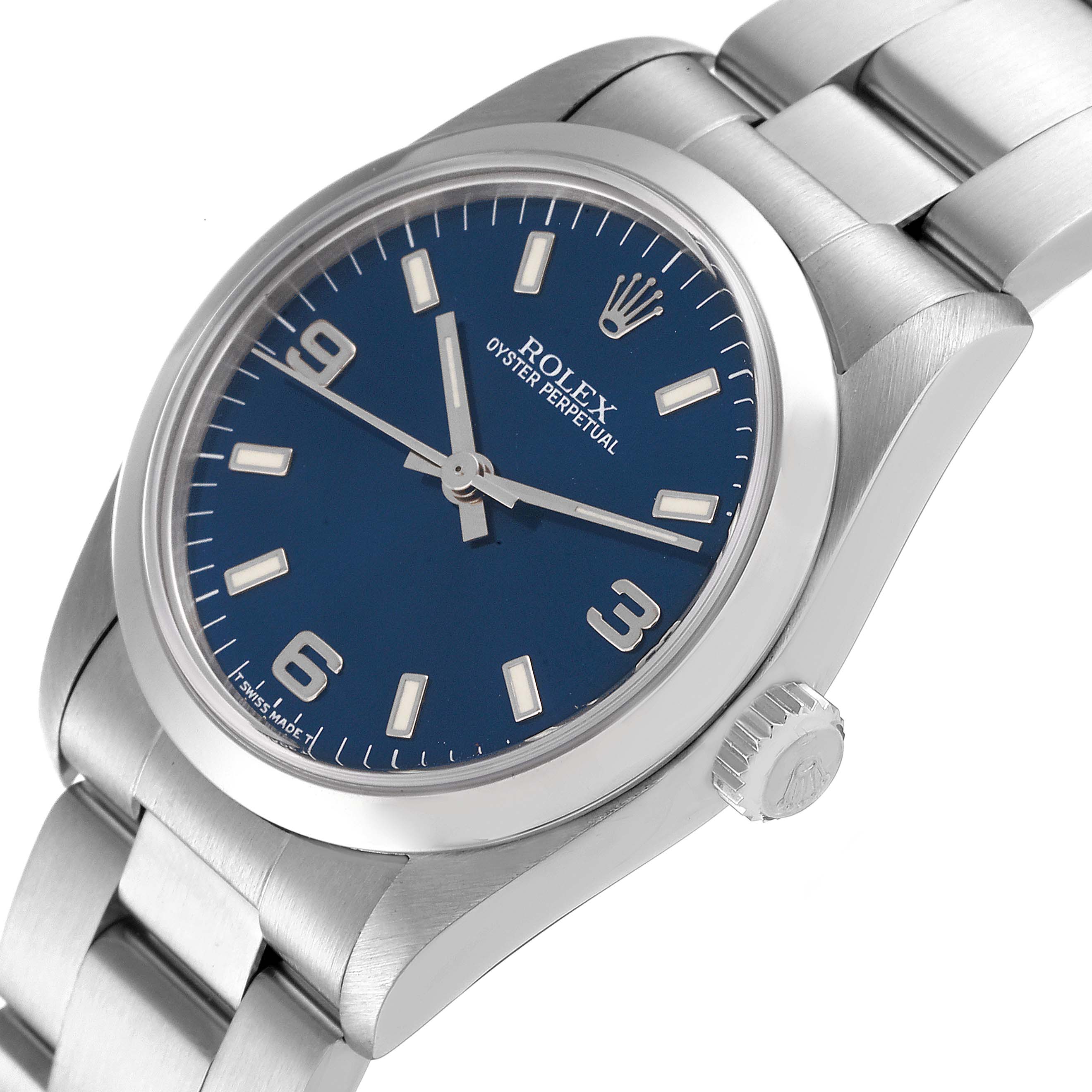 The image shows a side and partial top view of a Rolex Mid-Size 67480 Women
s Stainless Steel Blue Dial 67480 Women
s Stainless Steel Blue Dial Oyster Perpetual watch, showcasing its blue dial and stainless steel bracelet.