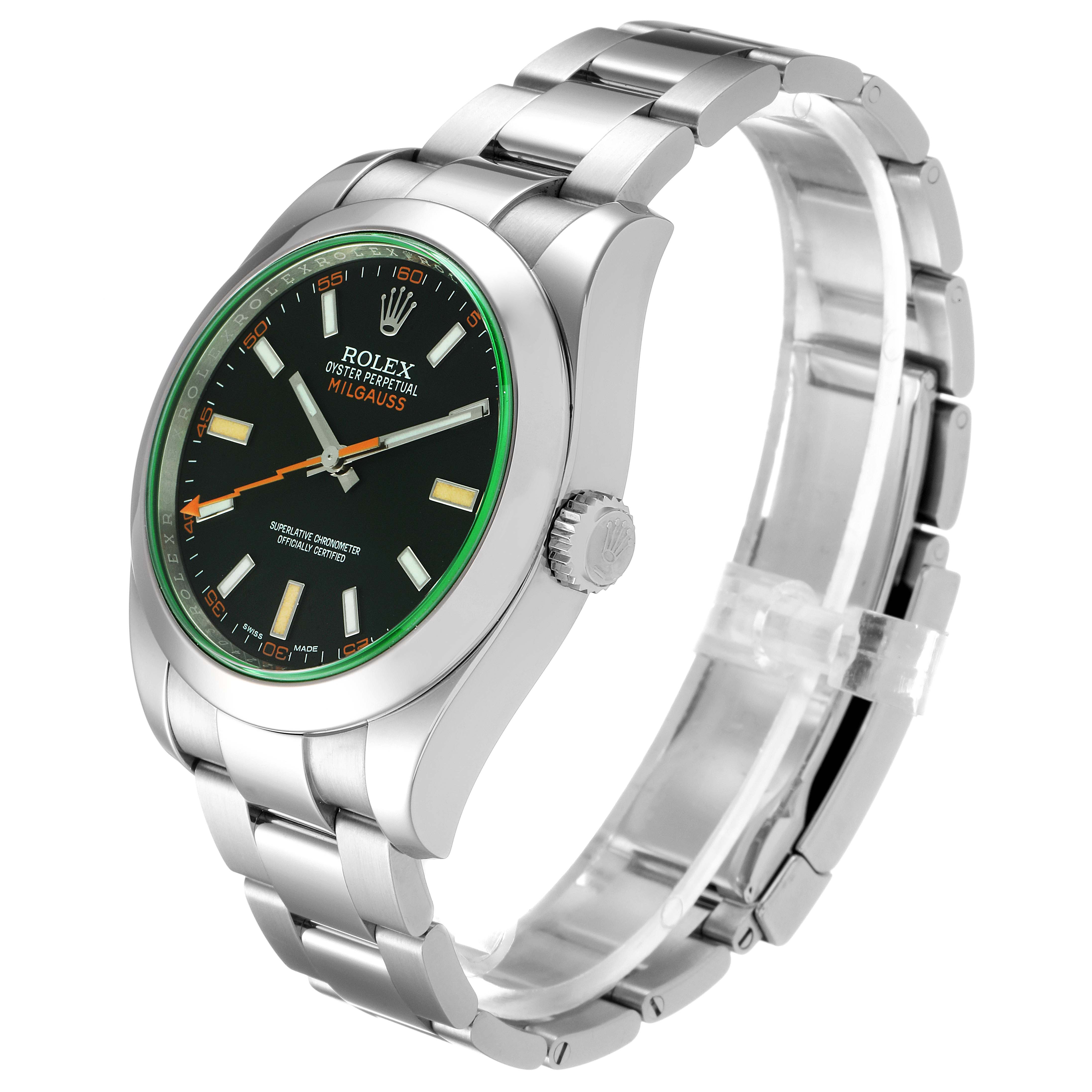 This image shows a Rolex Milgauss 116400V Men
s Stainless Steel Black Dial 116400V Men
s Stainless Steel Black Dial watch at a three-quarter angle, highlighting its face, bezel, crown, and bracelet.