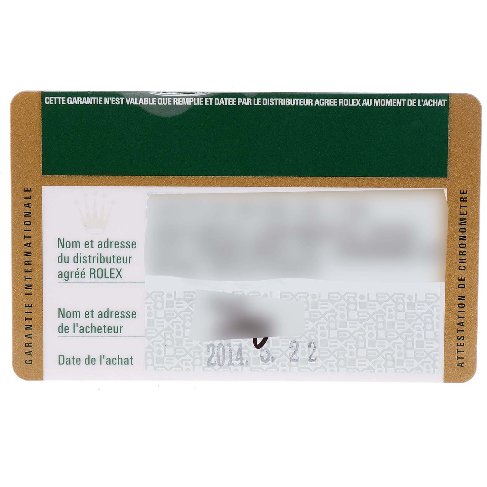 The image shows the international guarantee card for a Rolex Milgauss 116400V Men
s Stainless Steel Black Dial 116400V Men
s Stainless Steel Black Dial model watch.